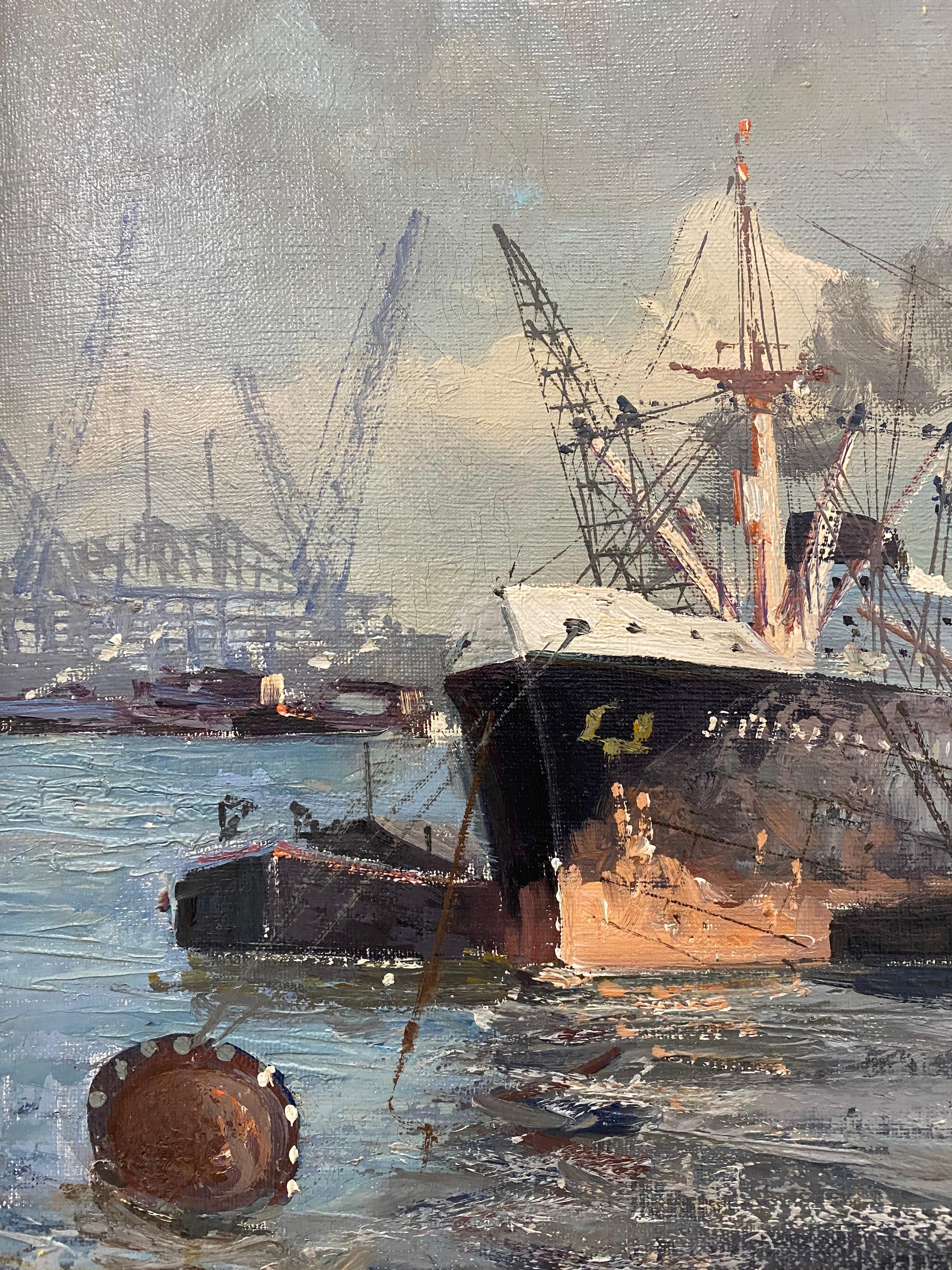 Mid Century Modern Ship Yard Oil Painting C.1950 - Brown Landscape Painting by Unknown
