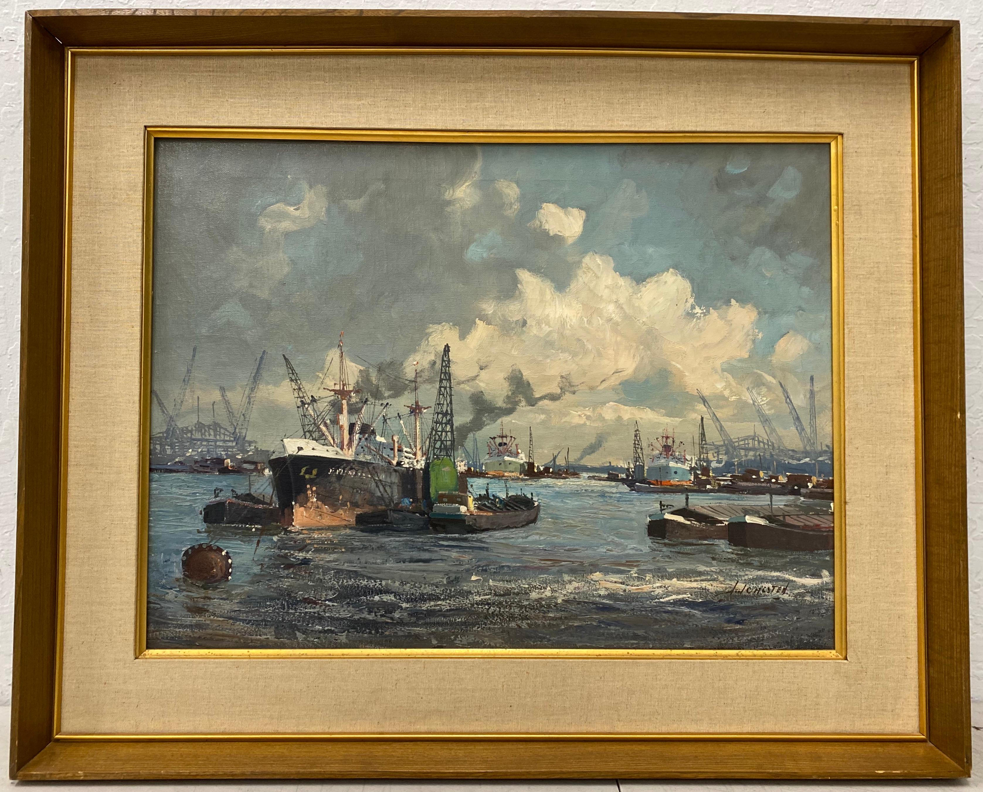 Unknown Landscape Painting - Mid Century Modern Ship Yard Oil Painting C.1950