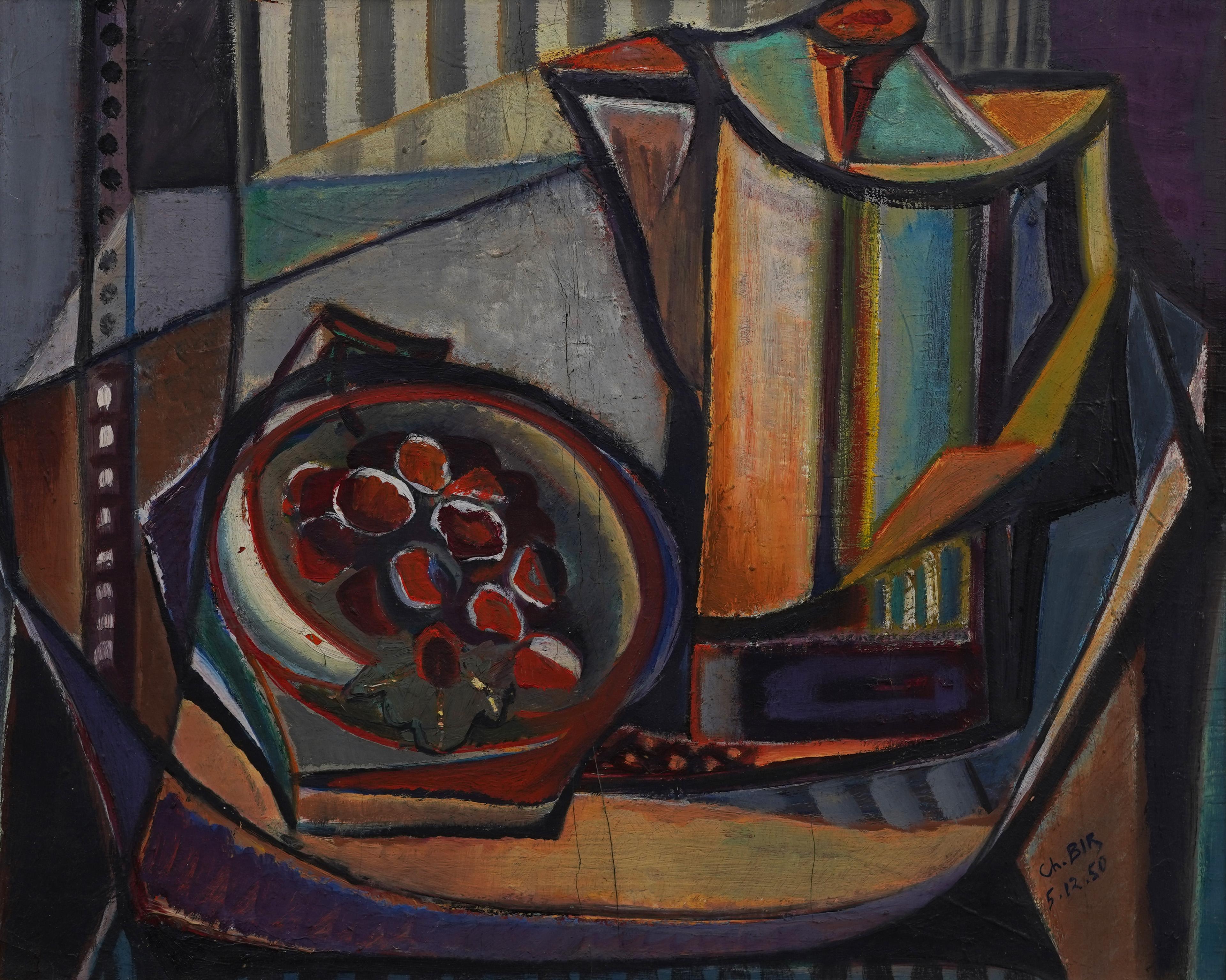 Antique American cubist still life oil painting.  OIl on canvas.  Framed.  Signed.