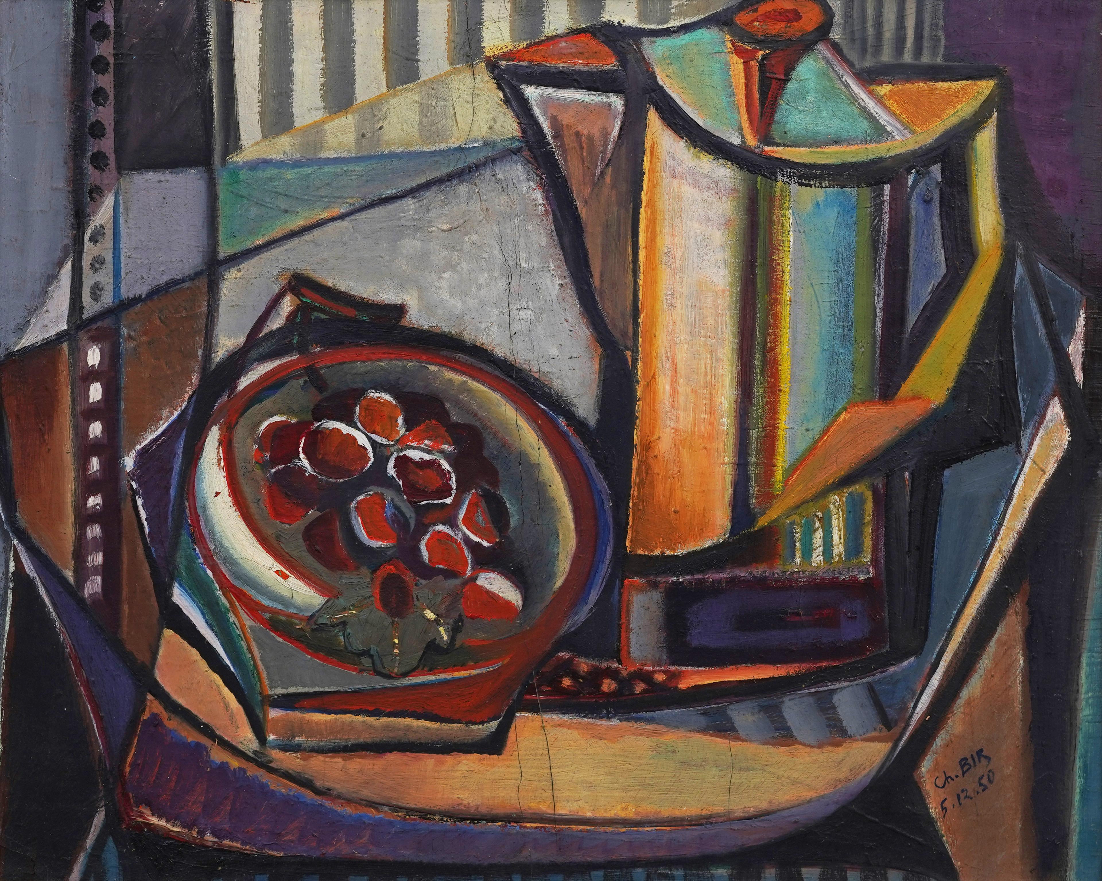 Mid Century Modern Signed Cubist Still Life Abstract Framed Oil Painting 1