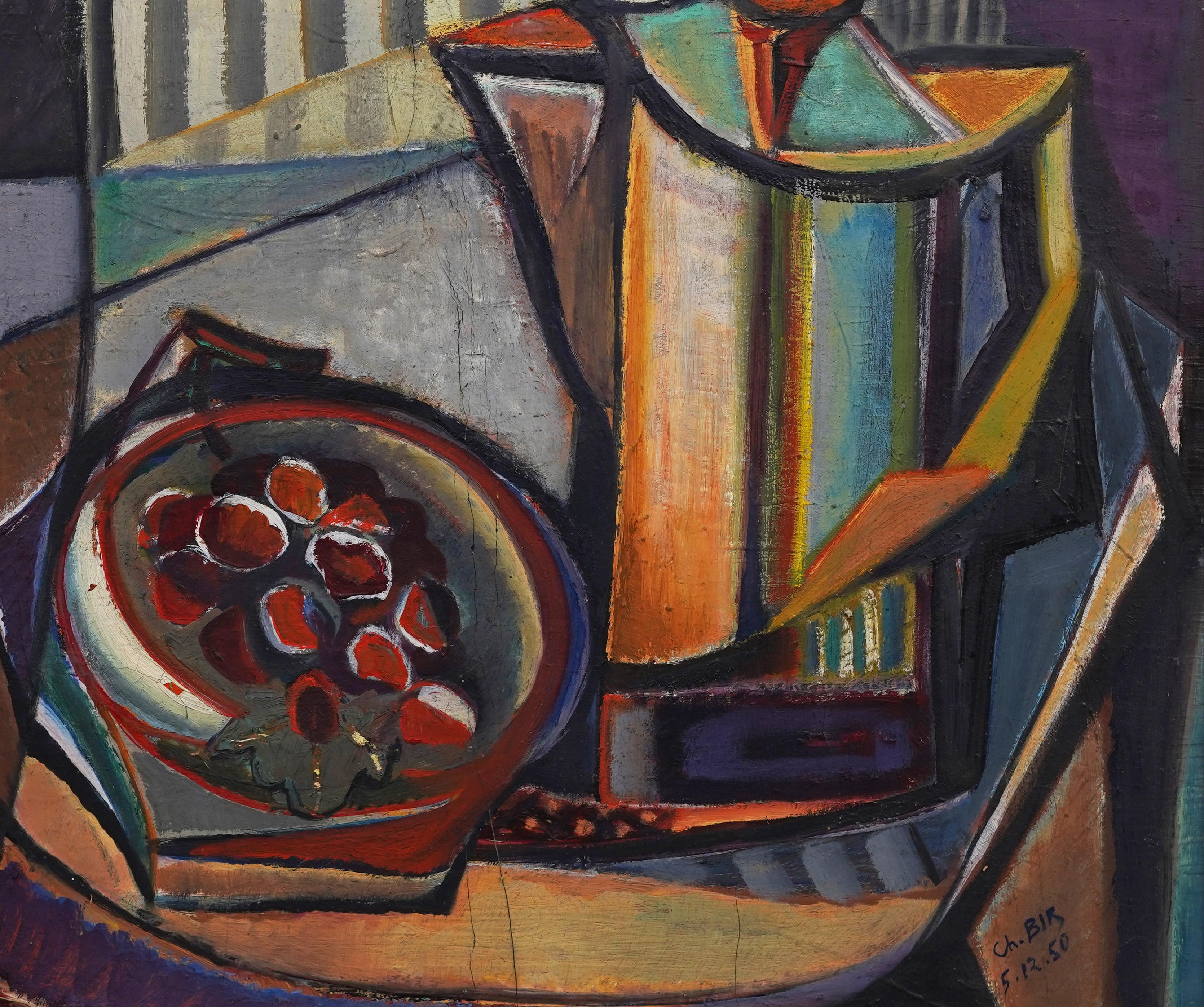Mid Century Modern Signed Cubist Still Life Abstract Framed Oil Painting 3