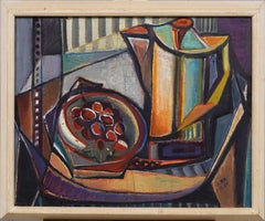 Mid Century Modern Signed Cubist Still Life Abstract Framed Oil Painting