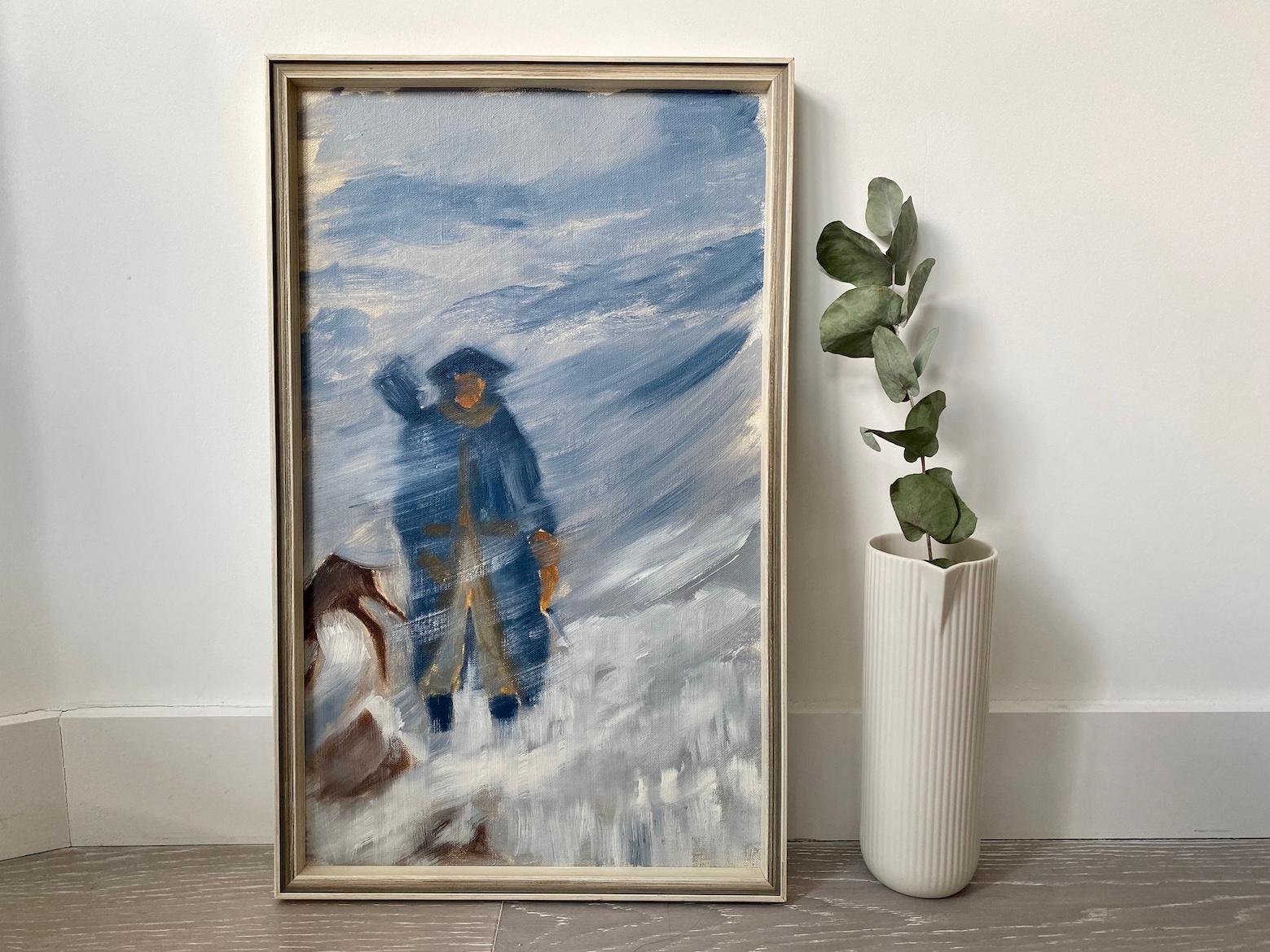 Unknown Figurative Painting - Mid Century Modern "Snow Storm", Vintage Abstract Figurative Winter Scene, Oil