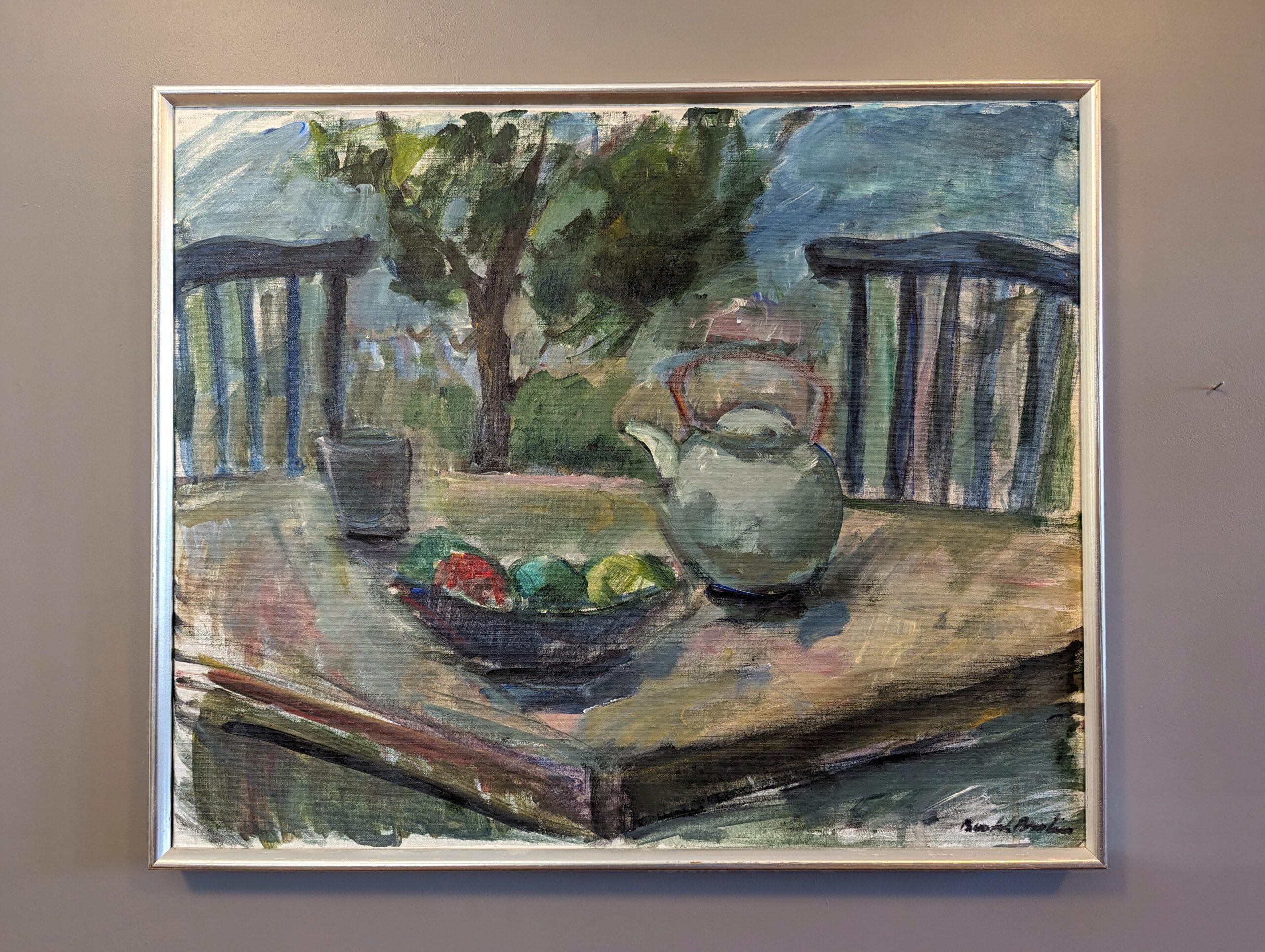 AL FRESCO BLUES 
Size: 52.5 x 63.5 cm (including frame)
Oil on Canvas

A charming and inviting mid-century painting, executed in oil onto canvas.

In this composition, the artist captures the essence of an afternoon in the open air, as it features a