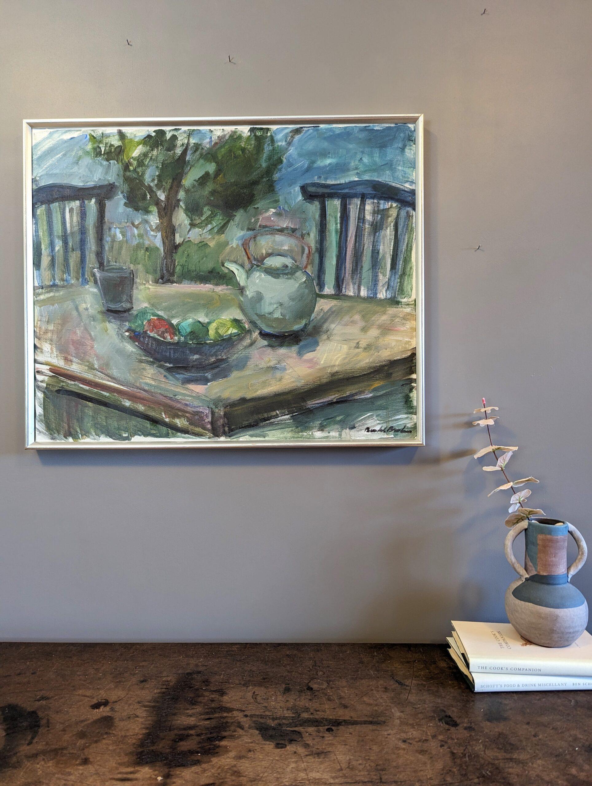 Mid-Century Modern Still Life Landscape Framed Oil Painting - Al Fresco Blues For Sale 1