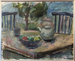 Mid-Century Modern Still Life Landscape Framed Oil Painting - Al Fresco Blues