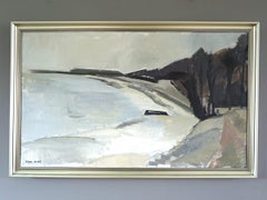 Mid Century Modern Swedish Abstract Coastal Landscape Oil Painting - Still Coast