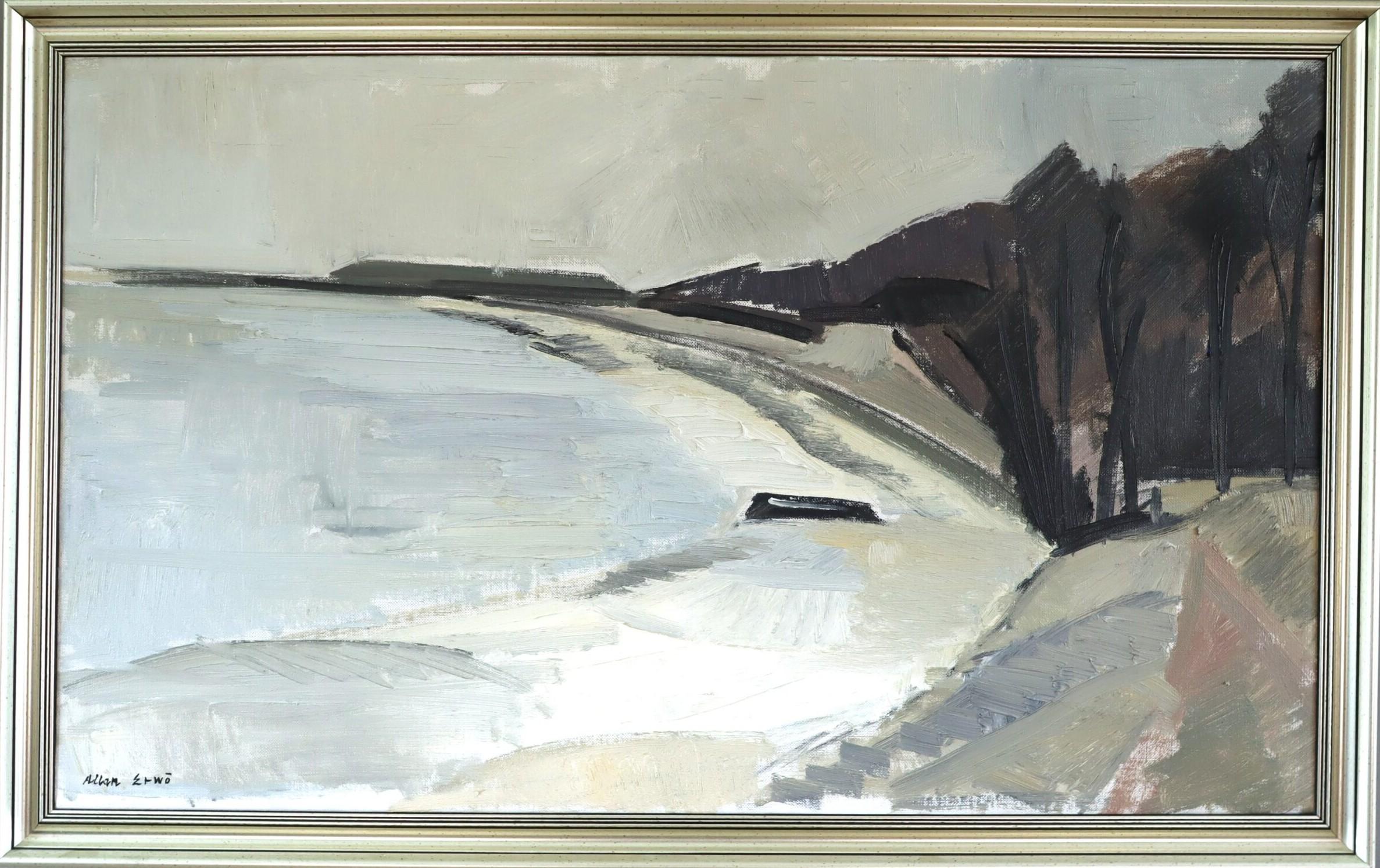 Mid Century Modern Swedish Abstract Coastal Landscape Oil Painting - Still Coast