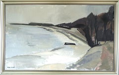 Mid Century Modern Swedish Abstract Coastal Landscape Oil Painting - Still Coast