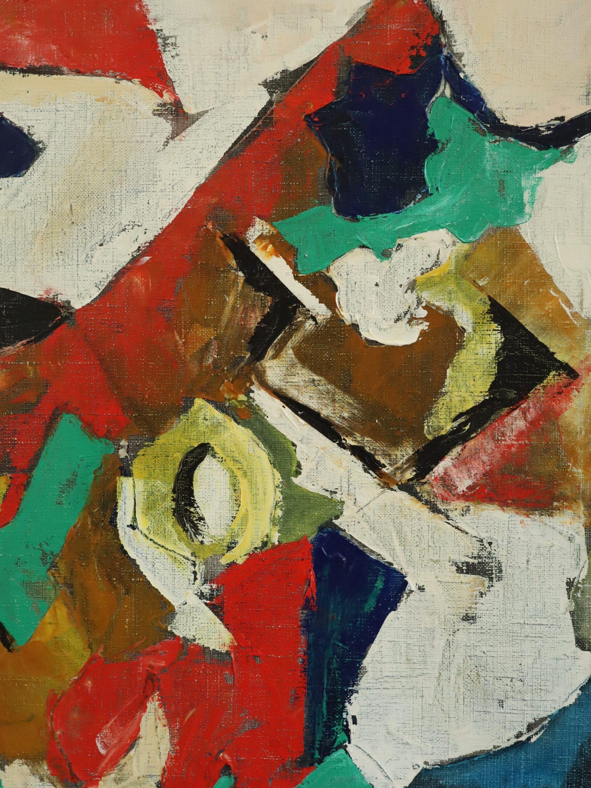 Mid Century Modern Swedish Abstract Geometric Oil Painting - Collision of Colour For Sale 7