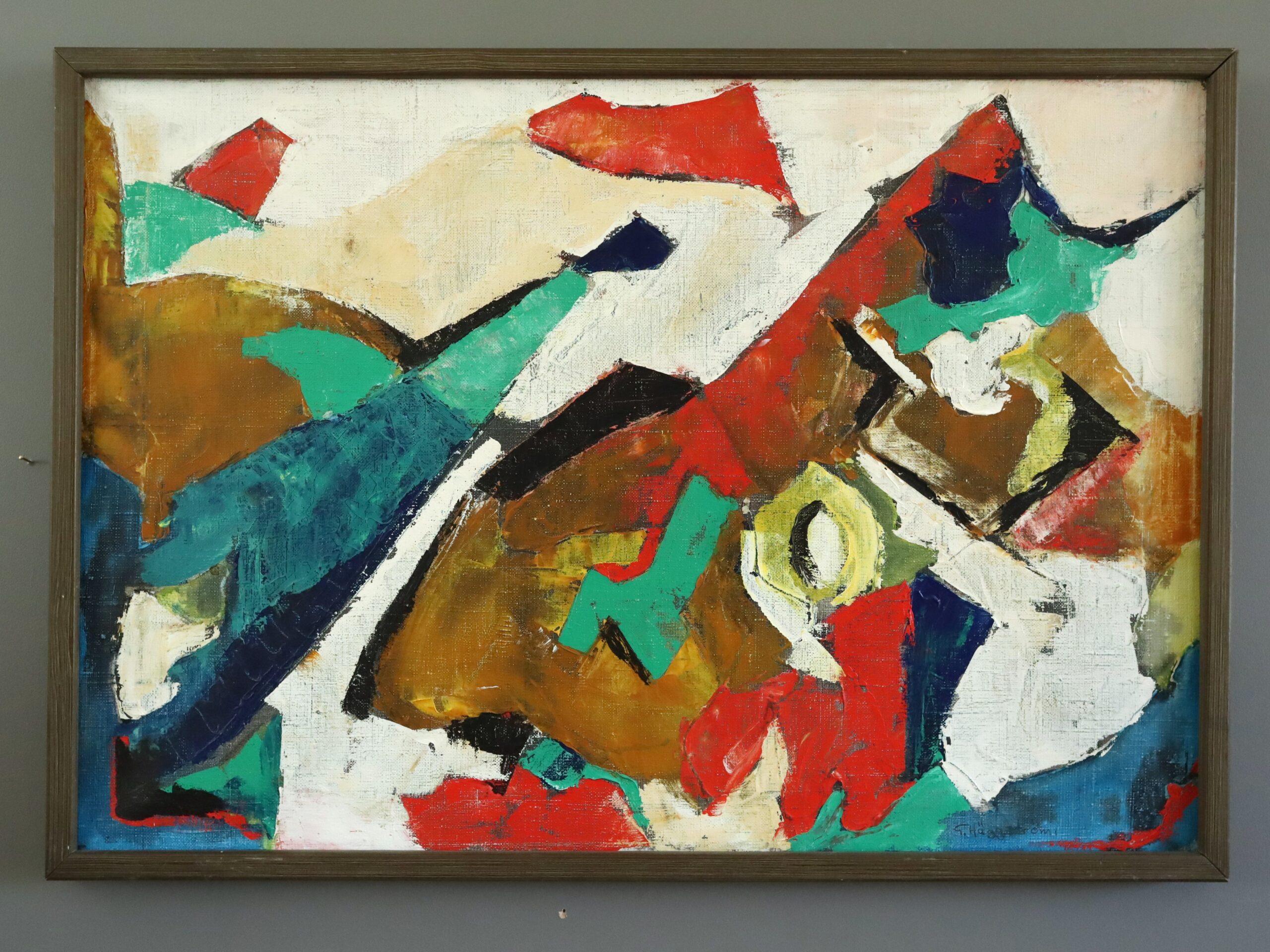 Mid Century Modern Swedish Abstract Geometric Oil Painting - Collision of Colour - Brown Abstract Painting by Unknown