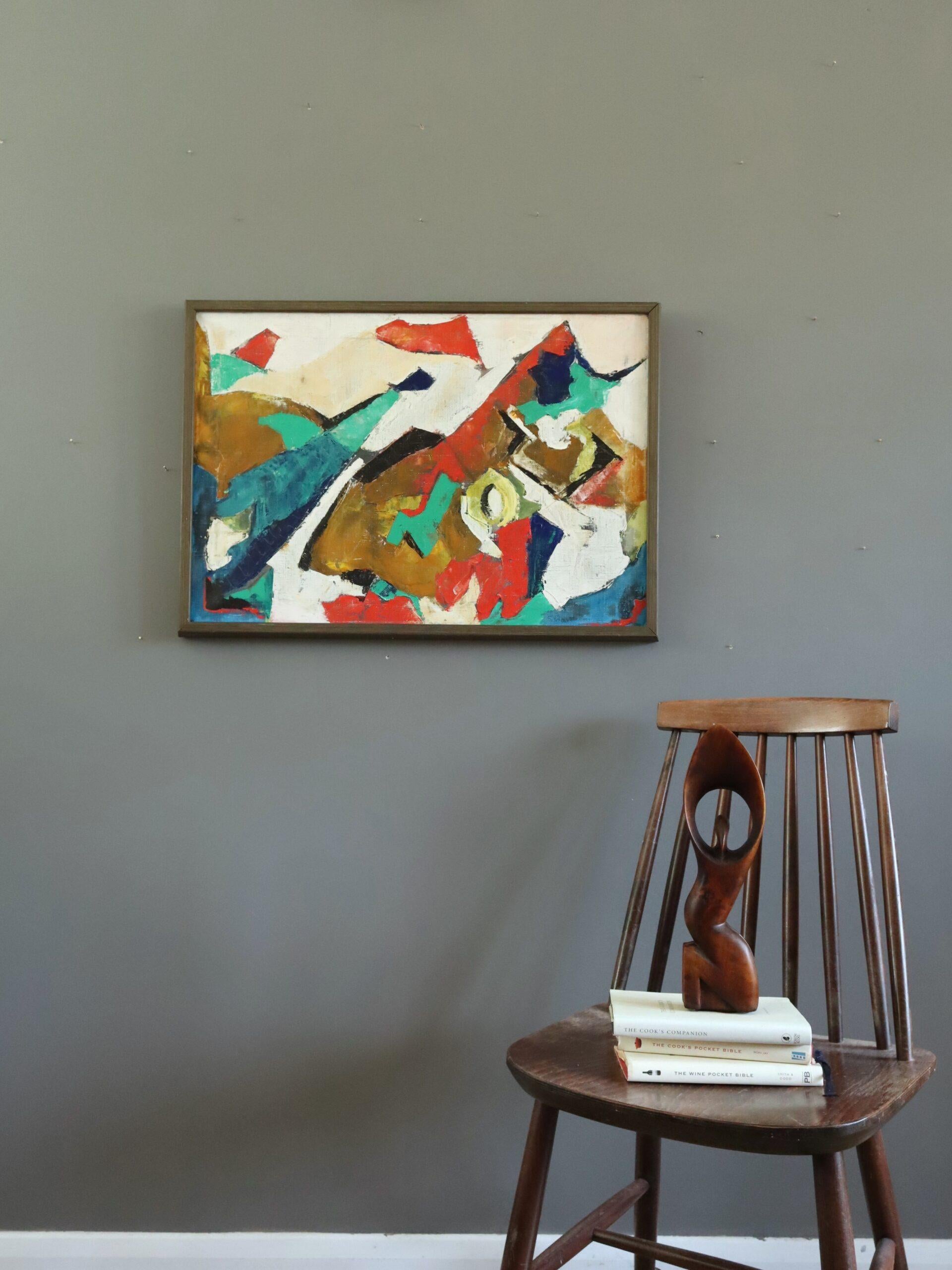 COLLISION OF COLOUR
Size: 48.5 x 68 cm (including frame)
Oil on canvas

An energetic mid-century abstract composition that explodes with motion and tension through a fractured interplay of geometric planes and bold colour fields, painted in oil onto