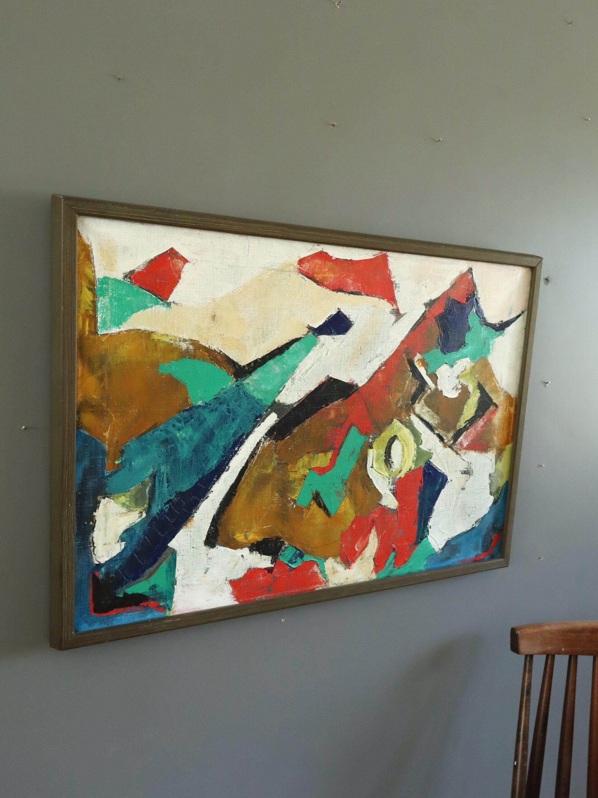 Mid Century Modern Swedish Abstract Geometric Oil Painting - Collision of Colour For Sale 1
