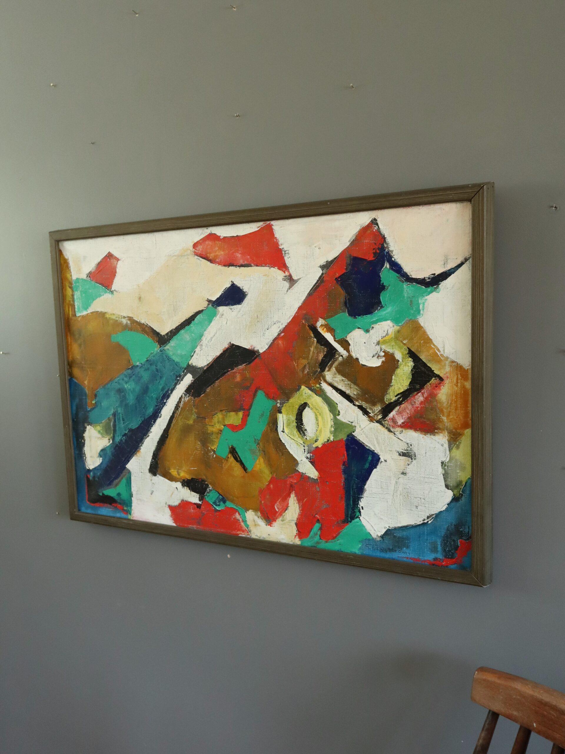 Mid Century Modern Swedish Abstract Geometric Oil Painting - Collision of Colour For Sale 2
