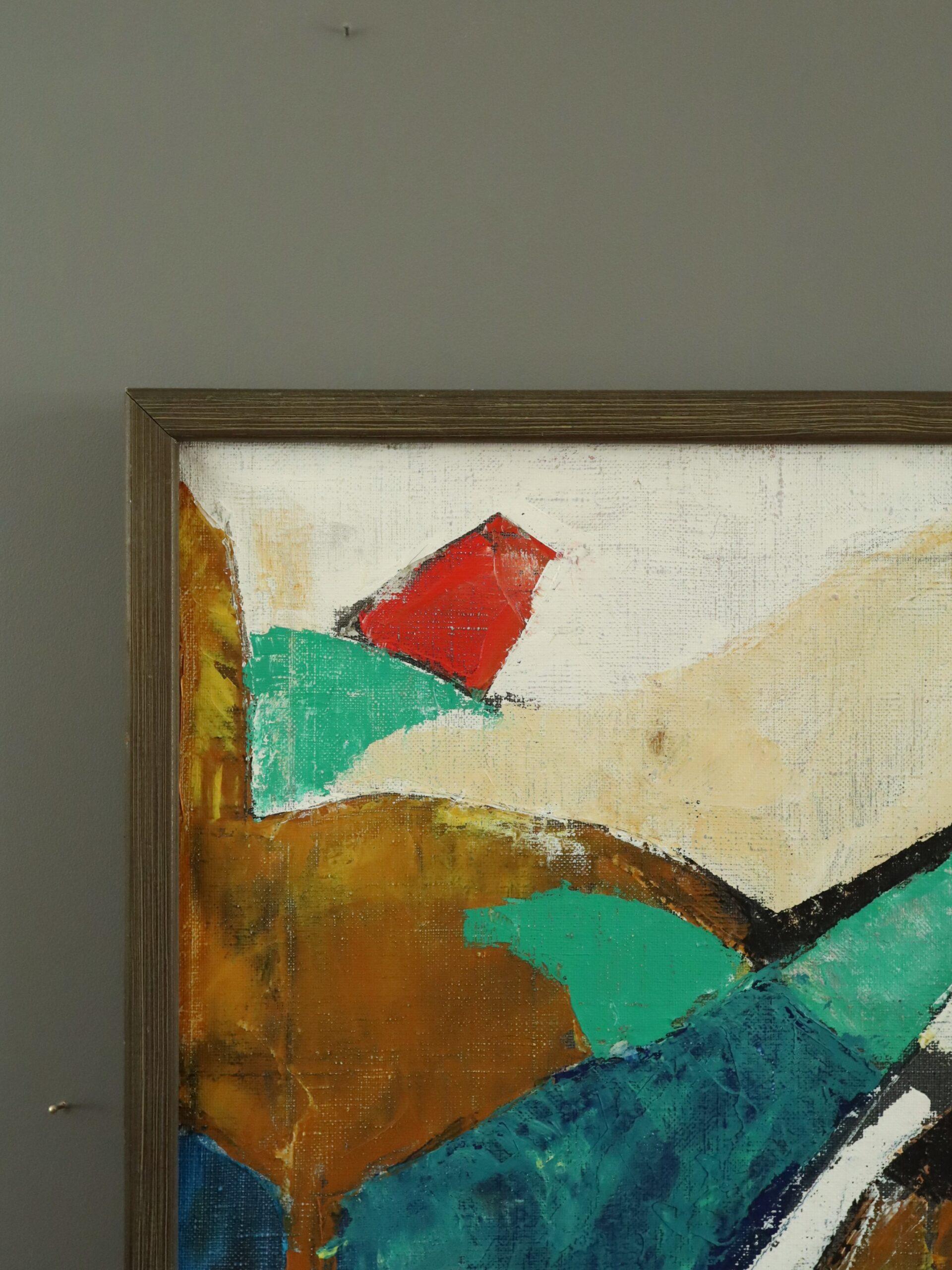 Mid Century Modern Swedish Abstract Geometric Oil Painting - Collision of Colour For Sale 3