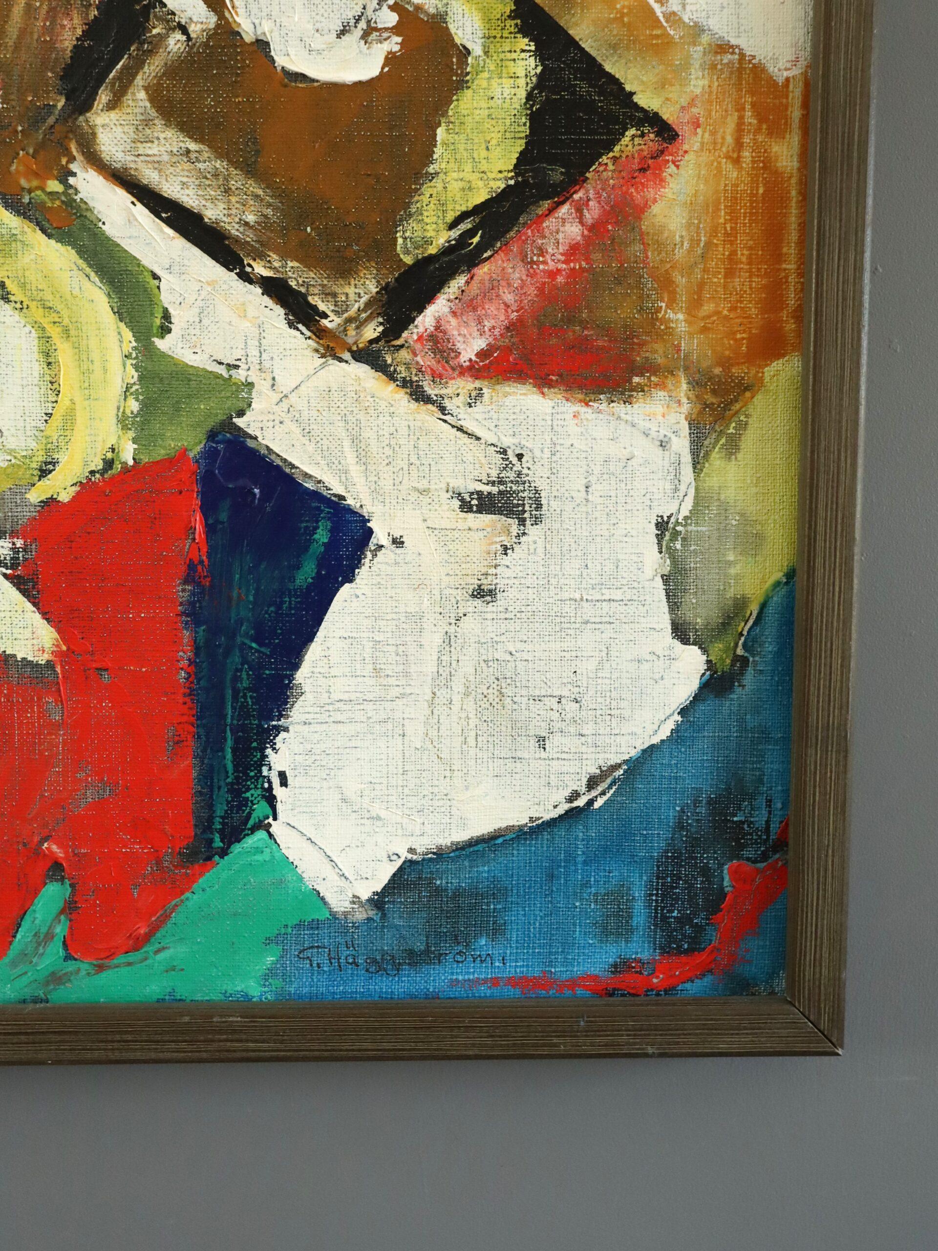 Mid Century Modern Swedish Abstract Geometric Oil Painting - Collision of Colour For Sale 4