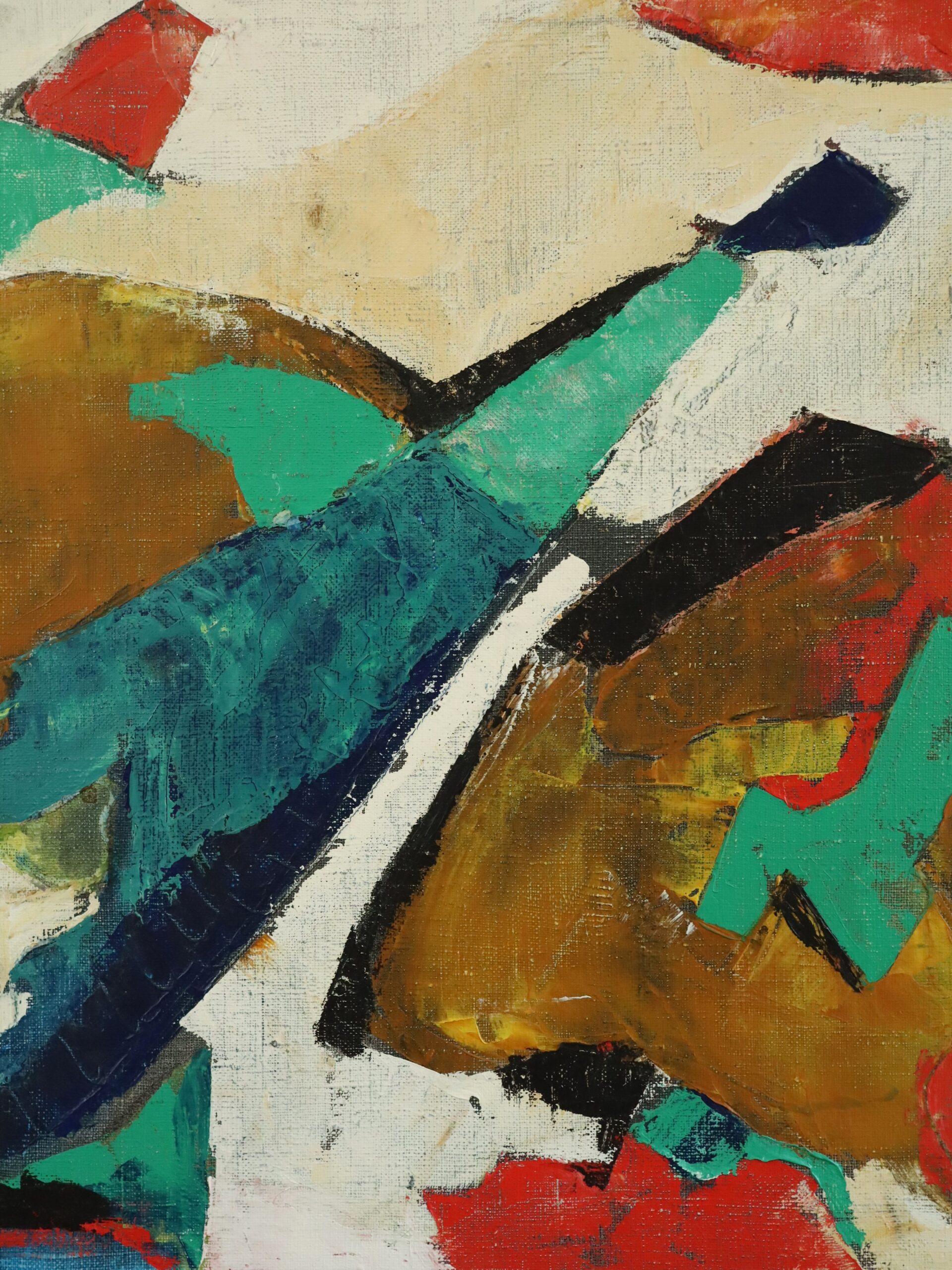 Mid Century Modern Swedish Abstract Geometric Oil Painting - Collision of Colour For Sale 6