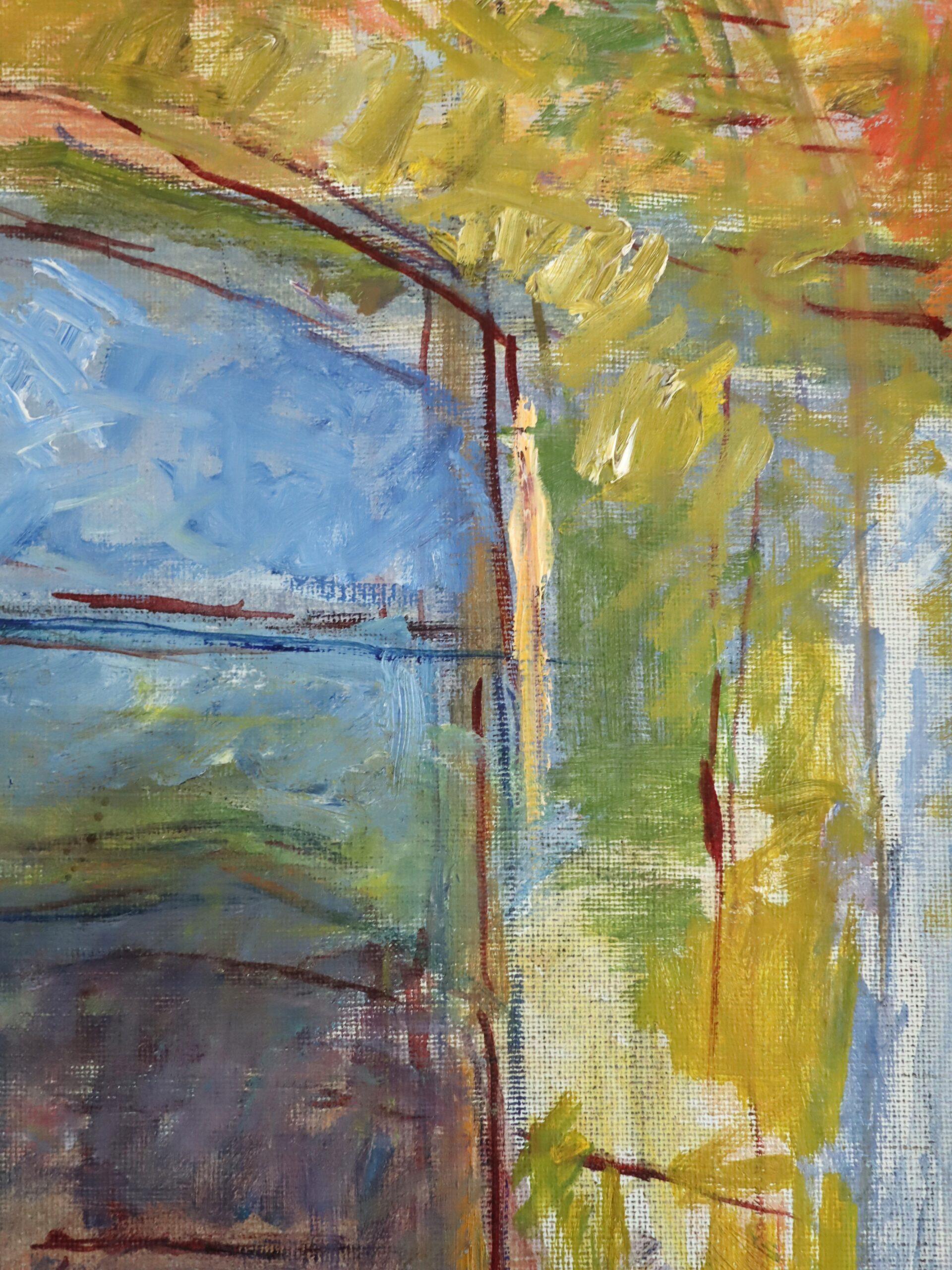 Mid Century Modern Schwedisch Abstraktes Interieur Ölgemälde - Stuhl am Torbogen im Angebot 5