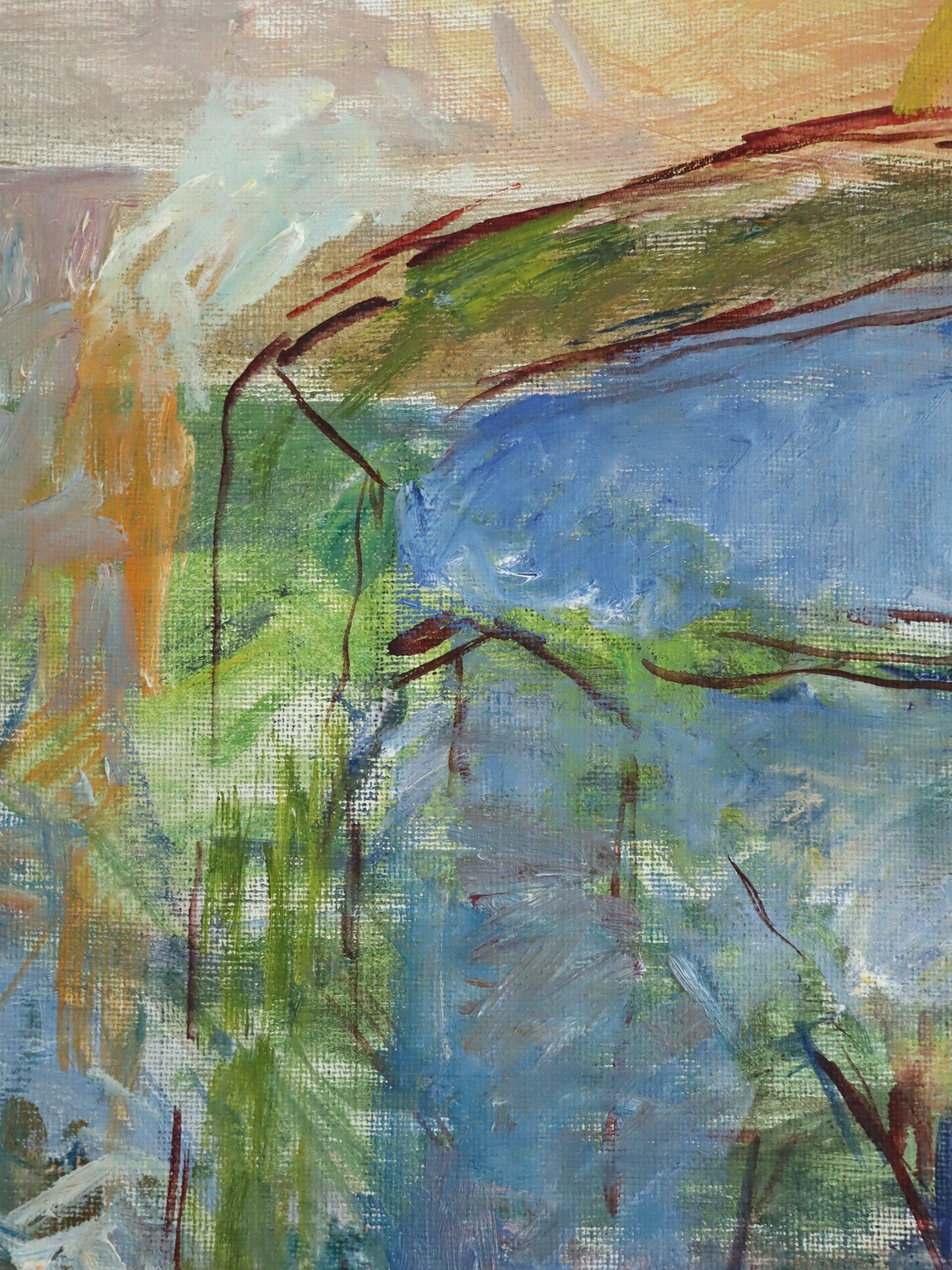 Mid Century Modern Schwedisch Abstraktes Interieur Ölgemälde - Stuhl am Torbogen im Angebot 6