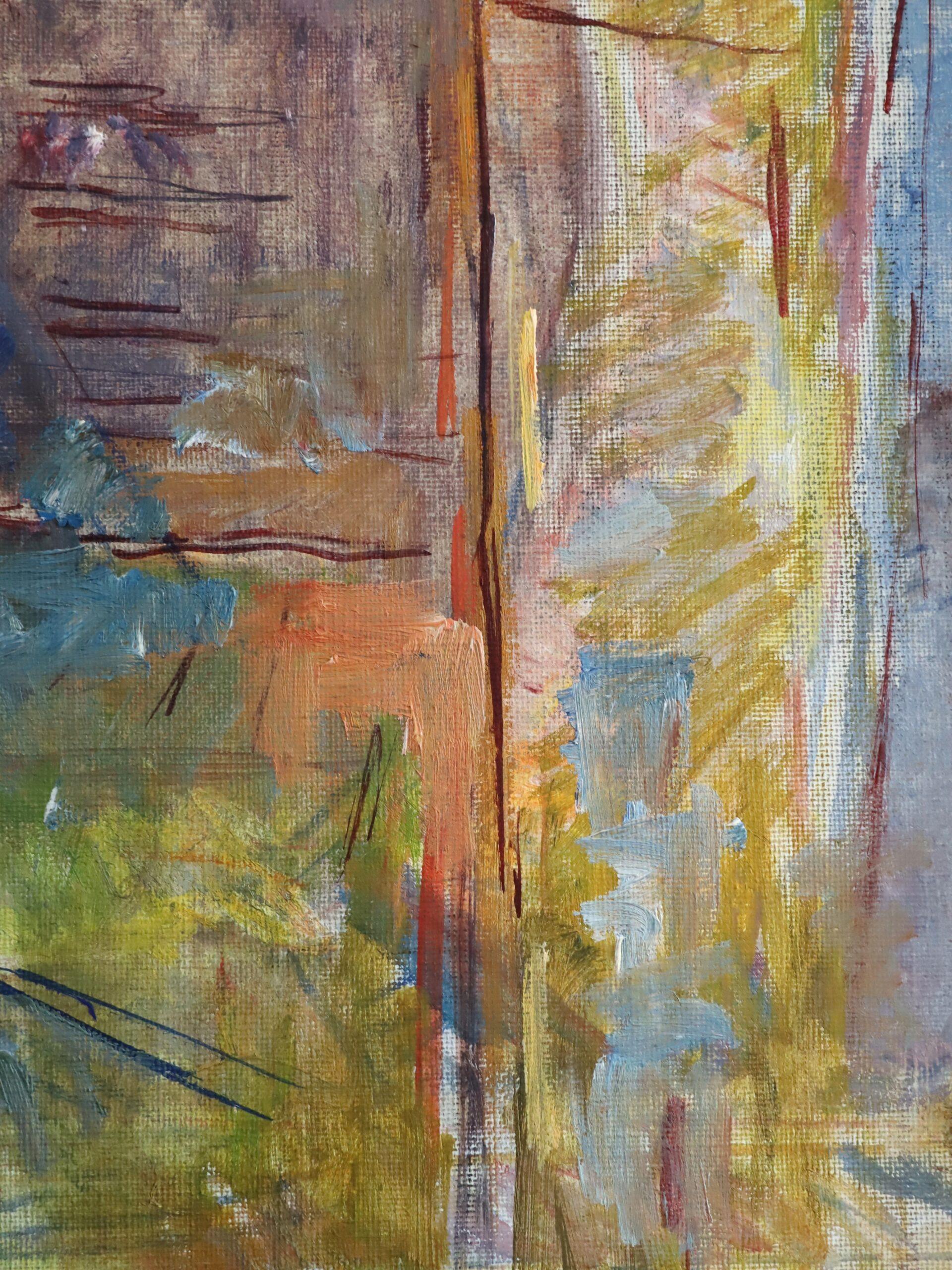 Mid Century Modern Schwedisch Abstraktes Interieur Ölgemälde - Stuhl am Torbogen im Angebot 7