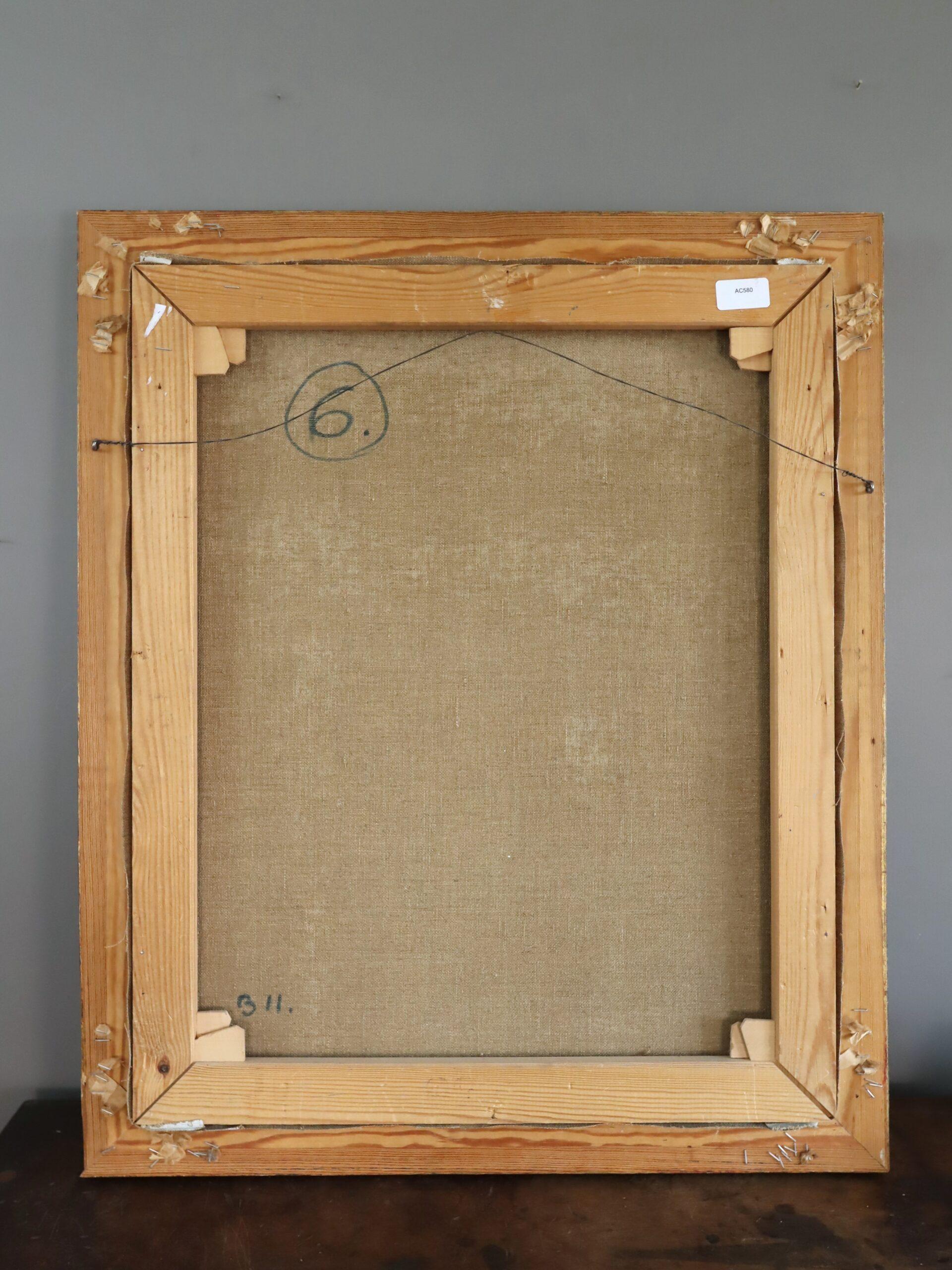 Mid Century Modern Schwedisch Abstraktes Interieur Ölgemälde - Stuhl am Torbogen im Angebot 8