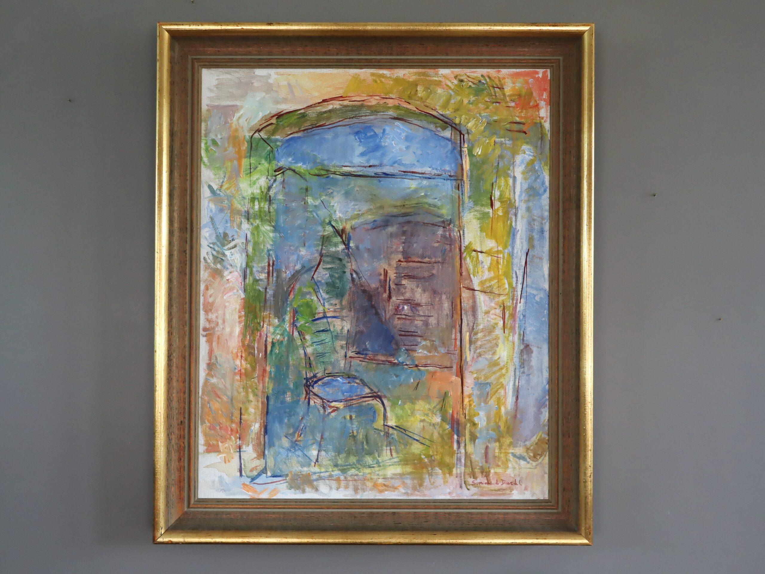 Mid Century Modern Schwedisch Abstraktes Interieur Ölgemälde - Stuhl am Torbogen – Painting von Unknown