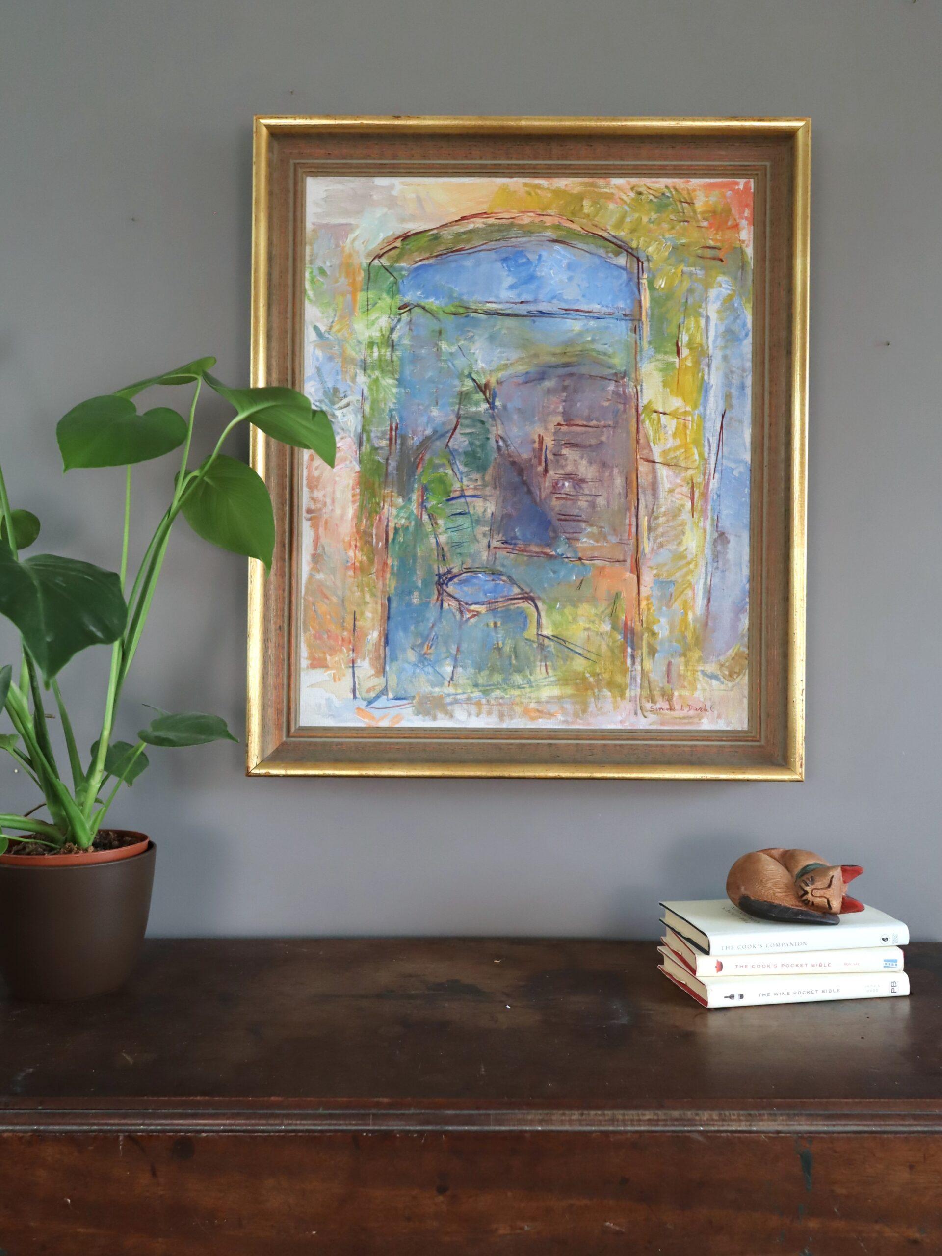 Mid Century Modern Schwedisch Abstraktes Interieur Ölgemälde - Stuhl am Torbogen (Moderne), Painting, von Unknown