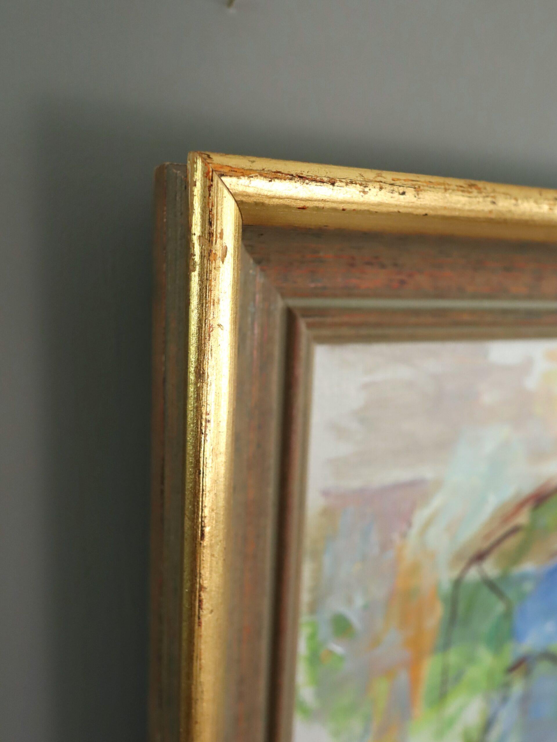 Mid Century Modern Schwedisch Abstraktes Interieur Ölgemälde - Stuhl am Torbogen im Angebot 1