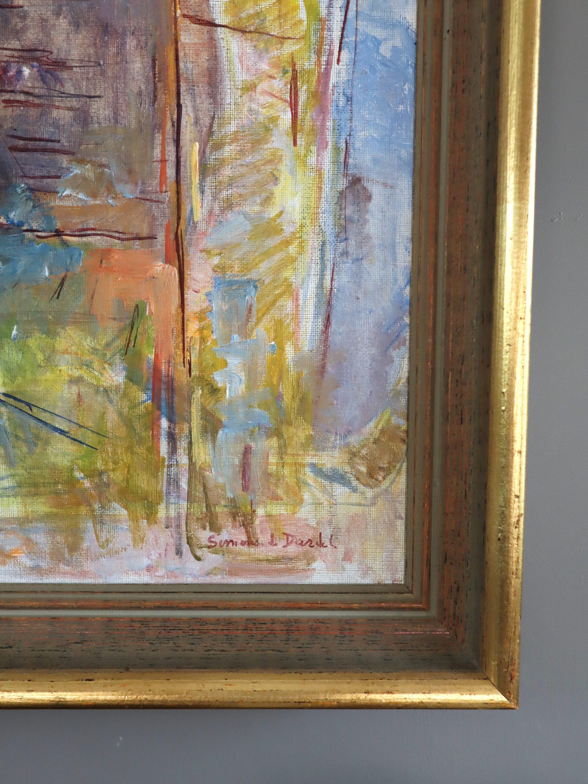 Mid Century Modern Schwedisch Abstraktes Interieur Ölgemälde - Stuhl am Torbogen im Angebot 2