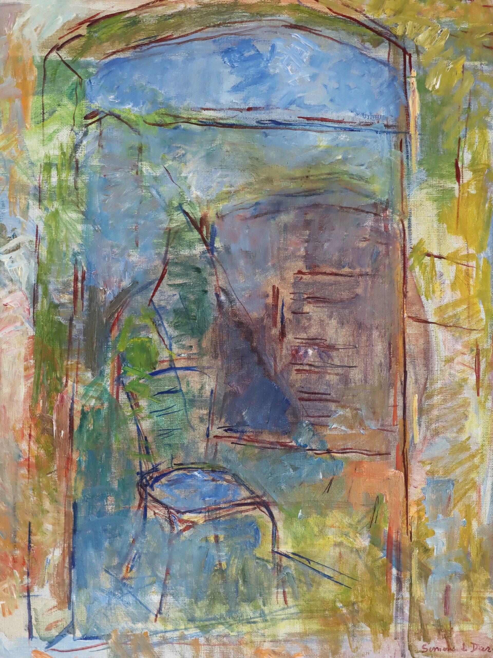 Mid Century Modern Schwedisch Abstraktes Interieur Ölgemälde - Stuhl am Torbogen im Angebot 3