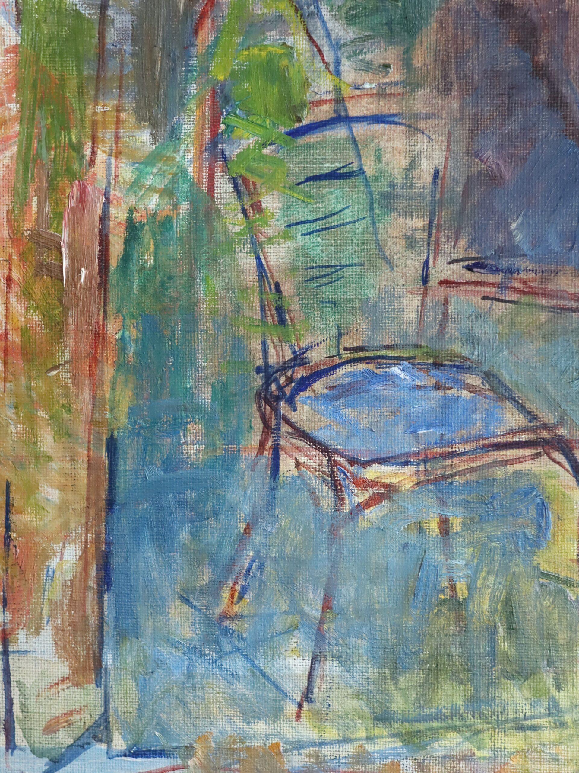 Mid Century Modern Schwedisch Abstraktes Interieur Ölgemälde - Stuhl am Torbogen im Angebot 4