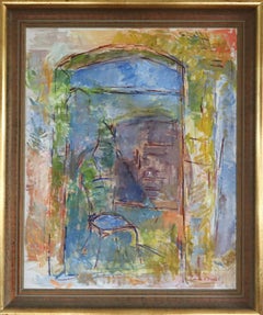 Mid Century Modern Swedish Abstract Interior Oil Painting - Chair by the Archway