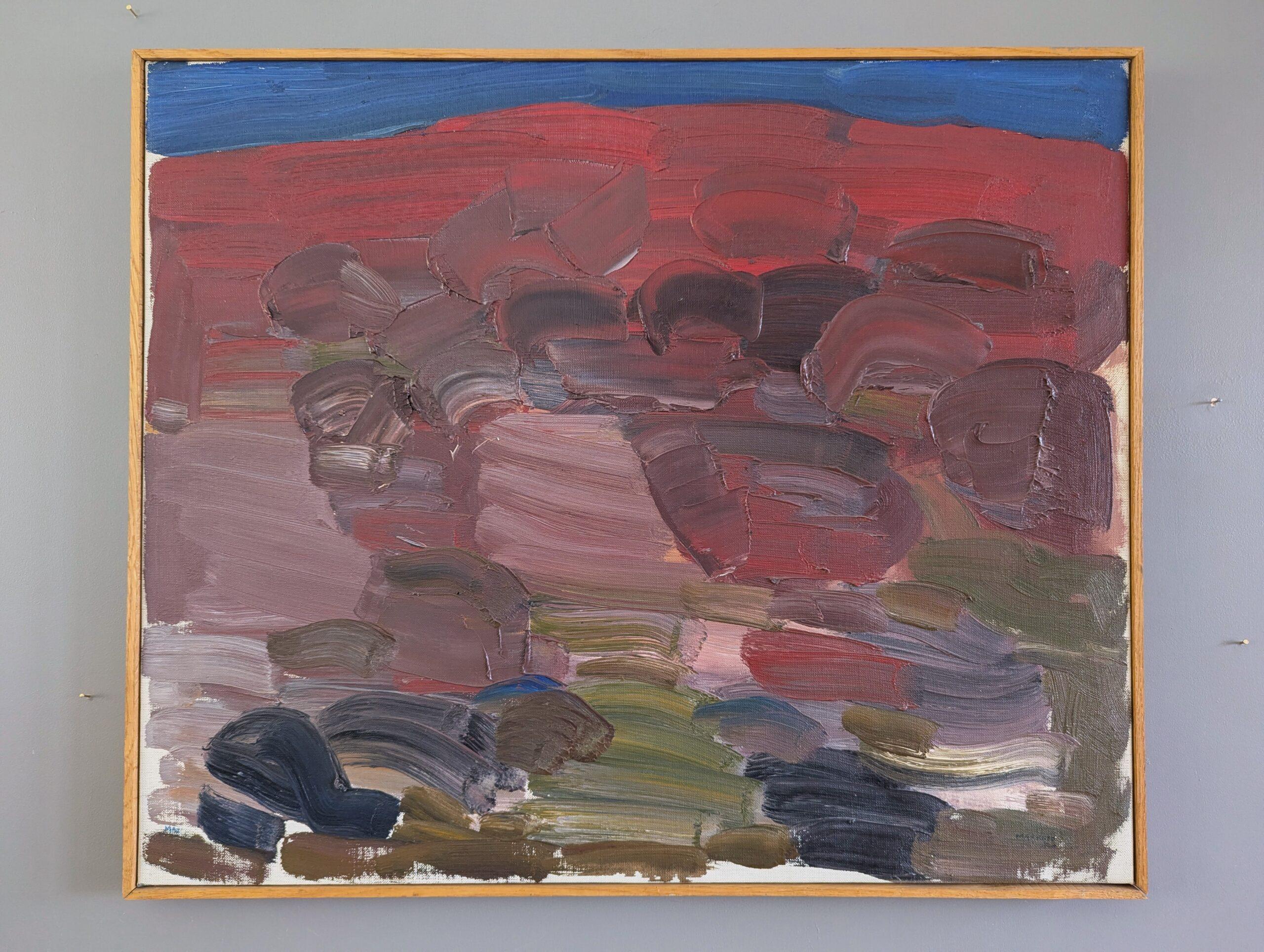 Mid Century Modern Swedish Abstract Landscape Oil Painting - Crimson Horizons - Gray Abstract Painting by Unknown