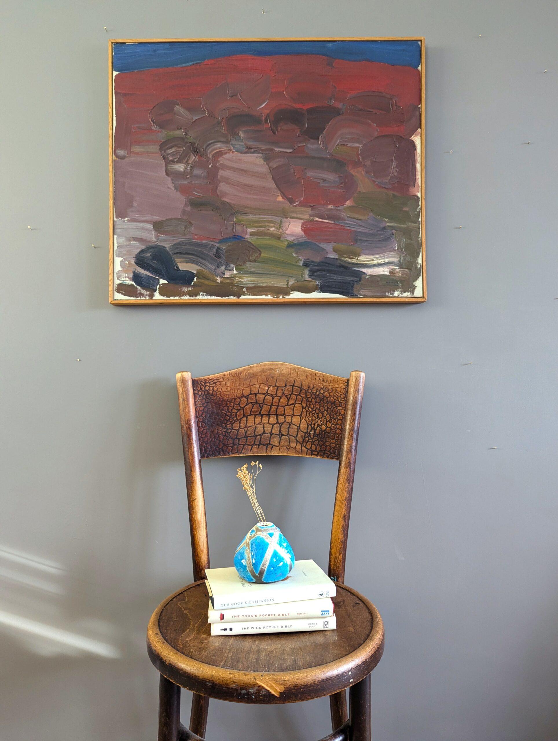 CRIMSON HORIZONS
Size: 56 X 66.5 cm (including frame)
Oil on canvas

A dynamic and emotive mid-century abstract landscape composition that celebrates form, colour, and texture over representational detail, painted in oil onto canvas.

Depicting an