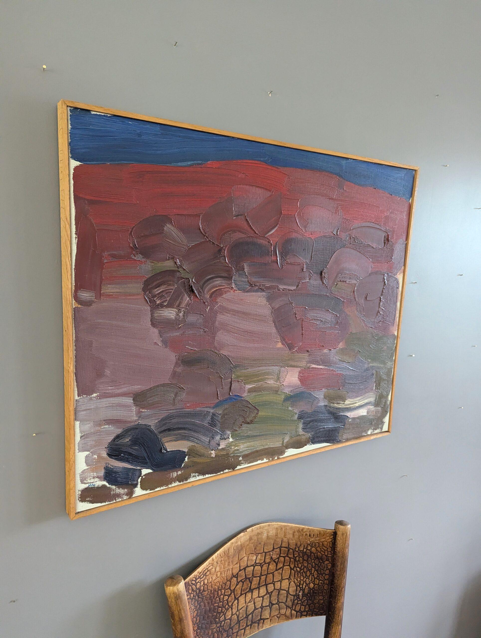 Mid Century Modern Swedish Abstract Landscape Oil Painting - Crimson Horizons For Sale 1