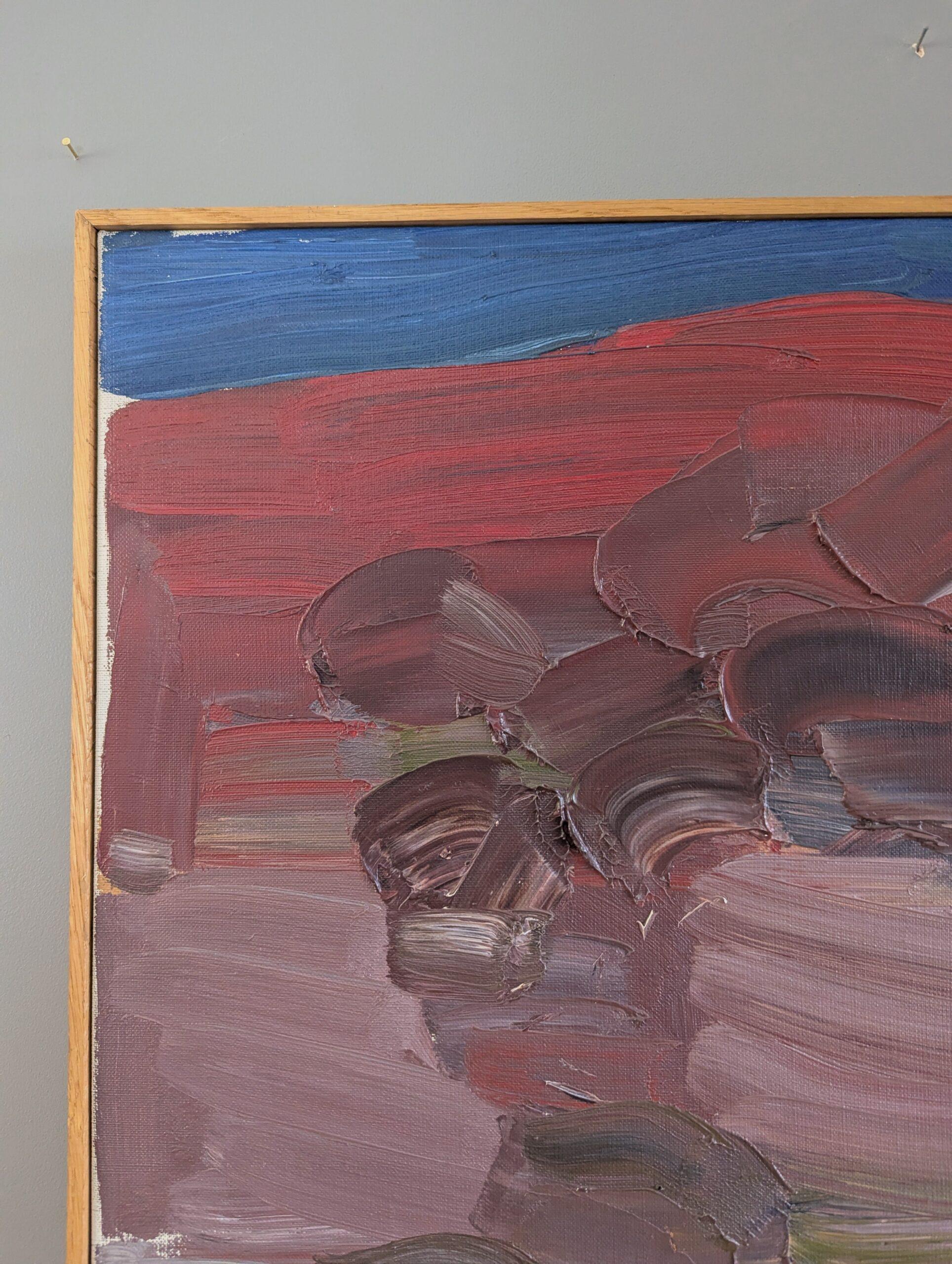 Mid Century Modern Swedish Abstract Landscape Oil Painting - Crimson Horizons For Sale 2