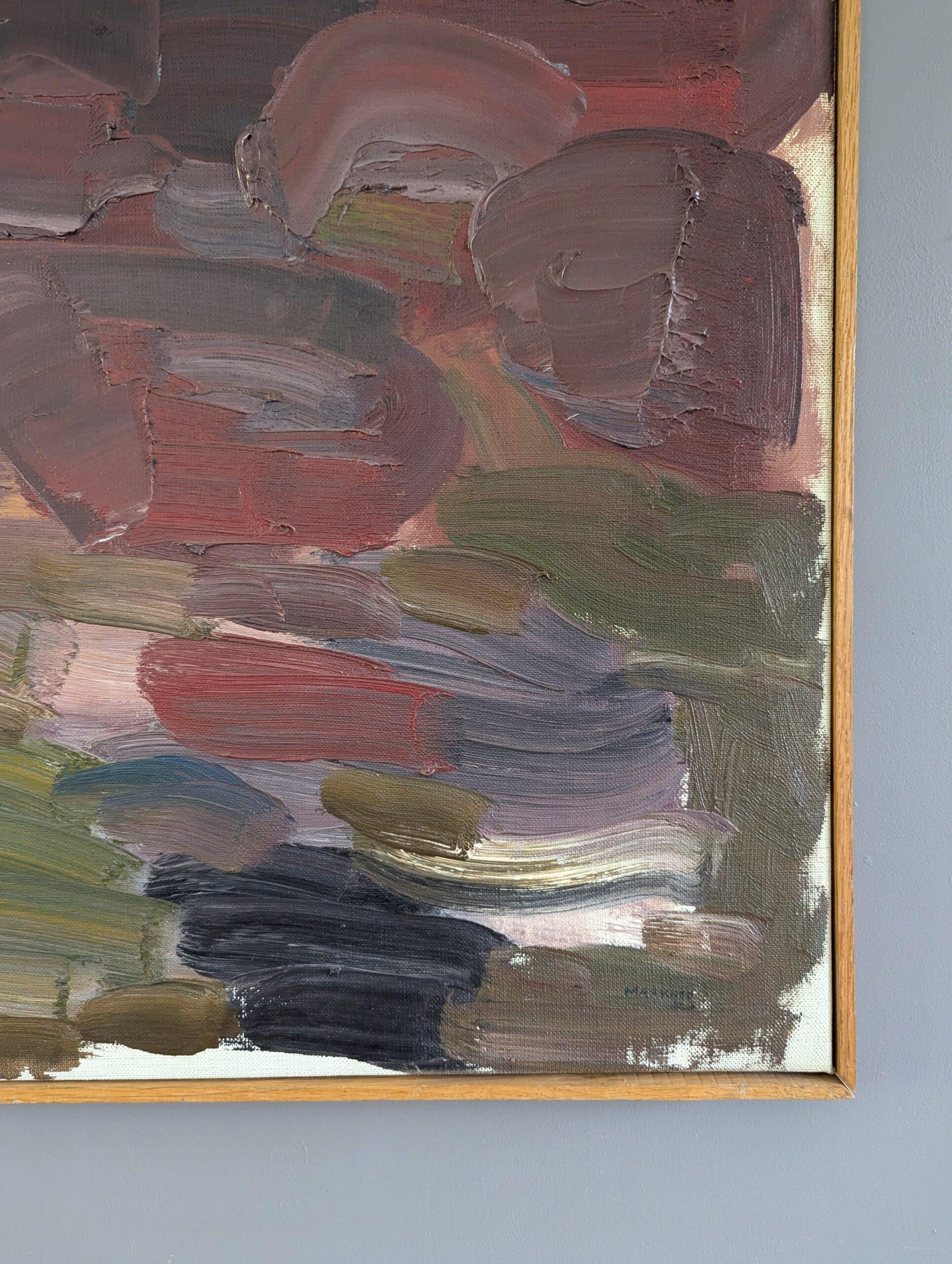 Mid Century Modern Swedish Abstract Landscape Oil Painting - Crimson Horizons For Sale 3