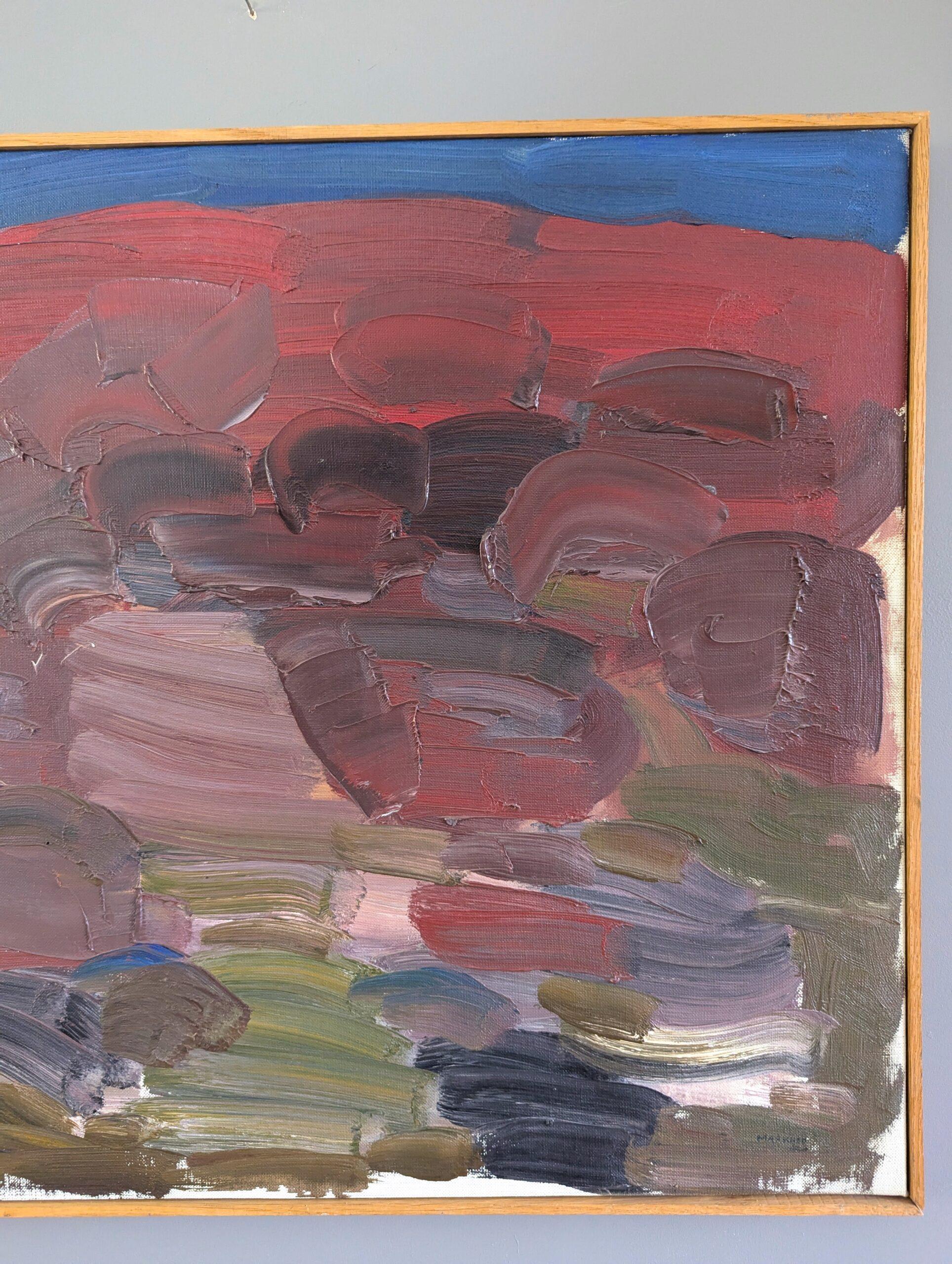 Mid Century Modern Swedish Abstract Landscape Oil Painting - Crimson Horizons For Sale 4