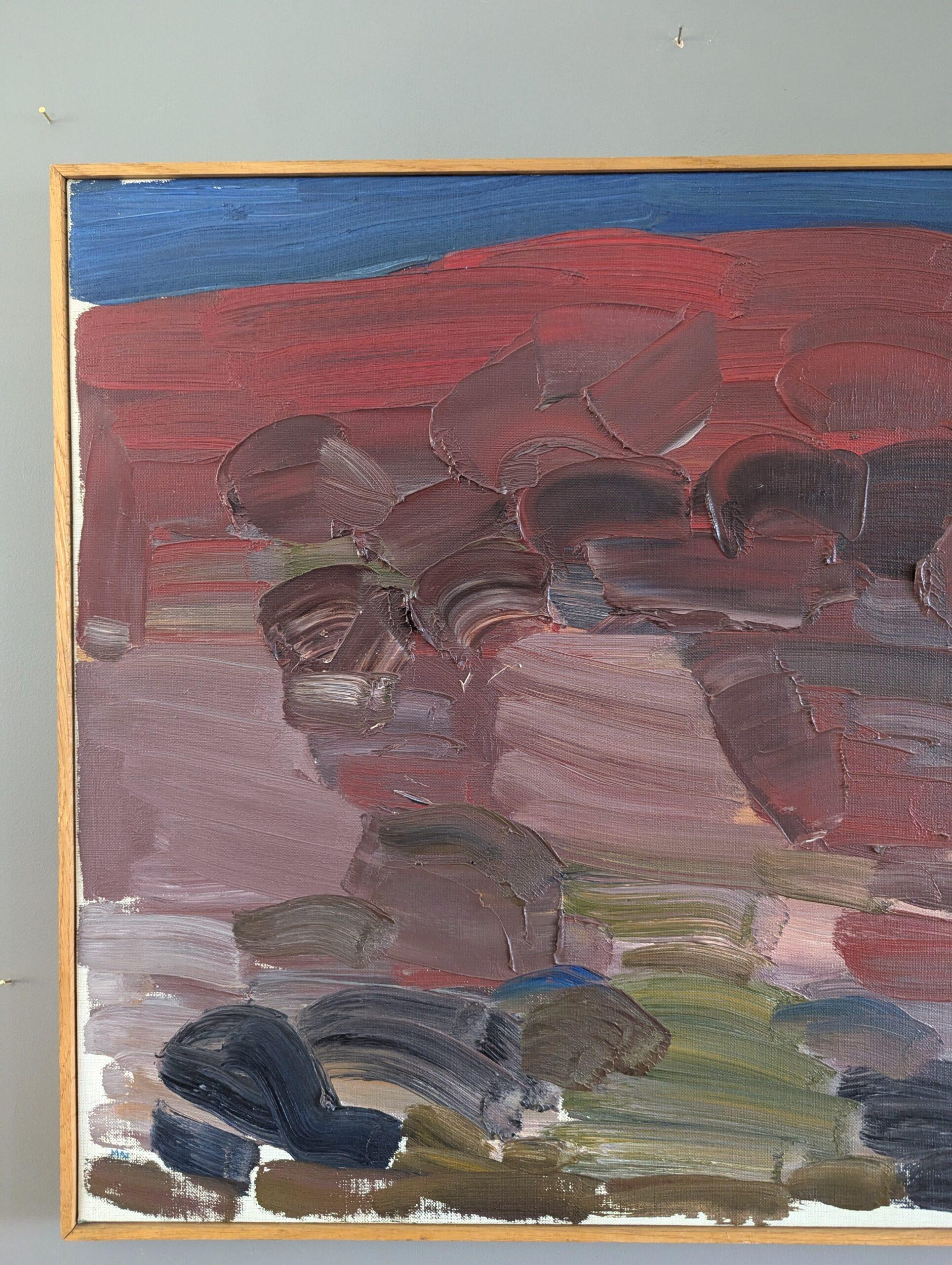 Mid Century Modern Swedish Abstract Landscape Oil Painting - Crimson Horizons For Sale 5