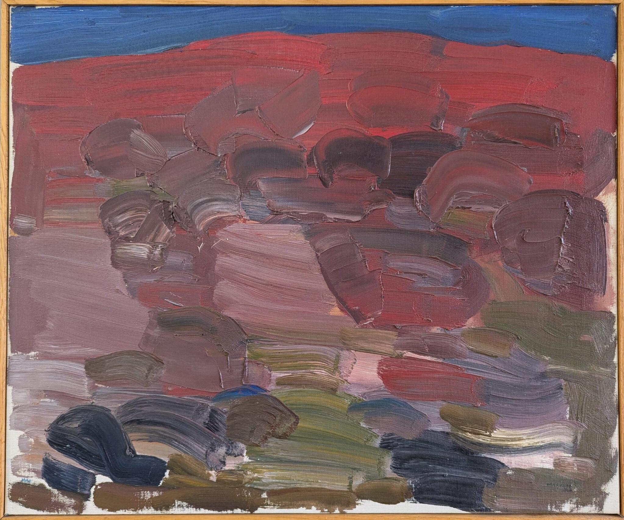 Unknown Abstract Painting - Mid Century Modern Swedish Abstract Landscape Oil Painting - Crimson Horizons
