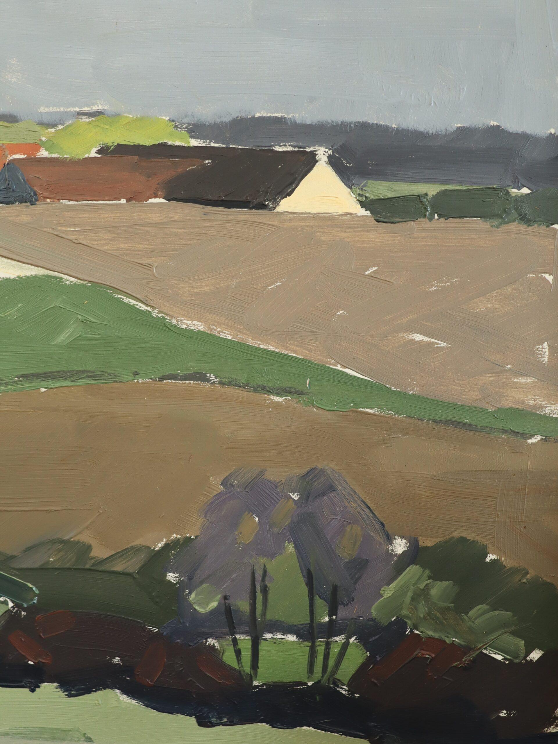 Mid Century Modern Schwedisch Abstrakte Landschaft Ölgemälde - Hillside Farmstead im Angebot 5