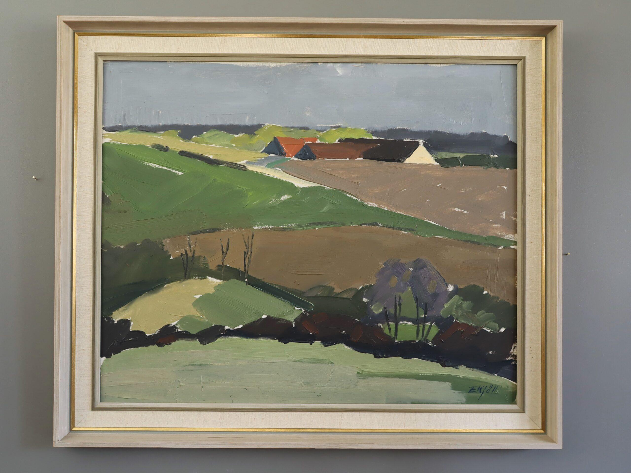 Mid Century Modern Schwedisch Abstrakte Landschaft Ölgemälde - Hillside Farmstead – Painting von Unknown