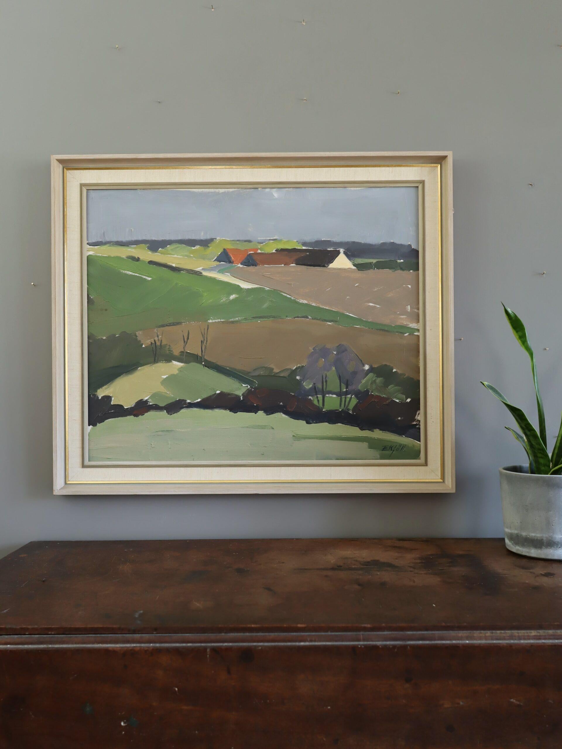 Mid Century Modern Schwedisch Abstrakte Landschaft Ölgemälde - Hillside Farmstead (Moderne), Painting, von Unknown
