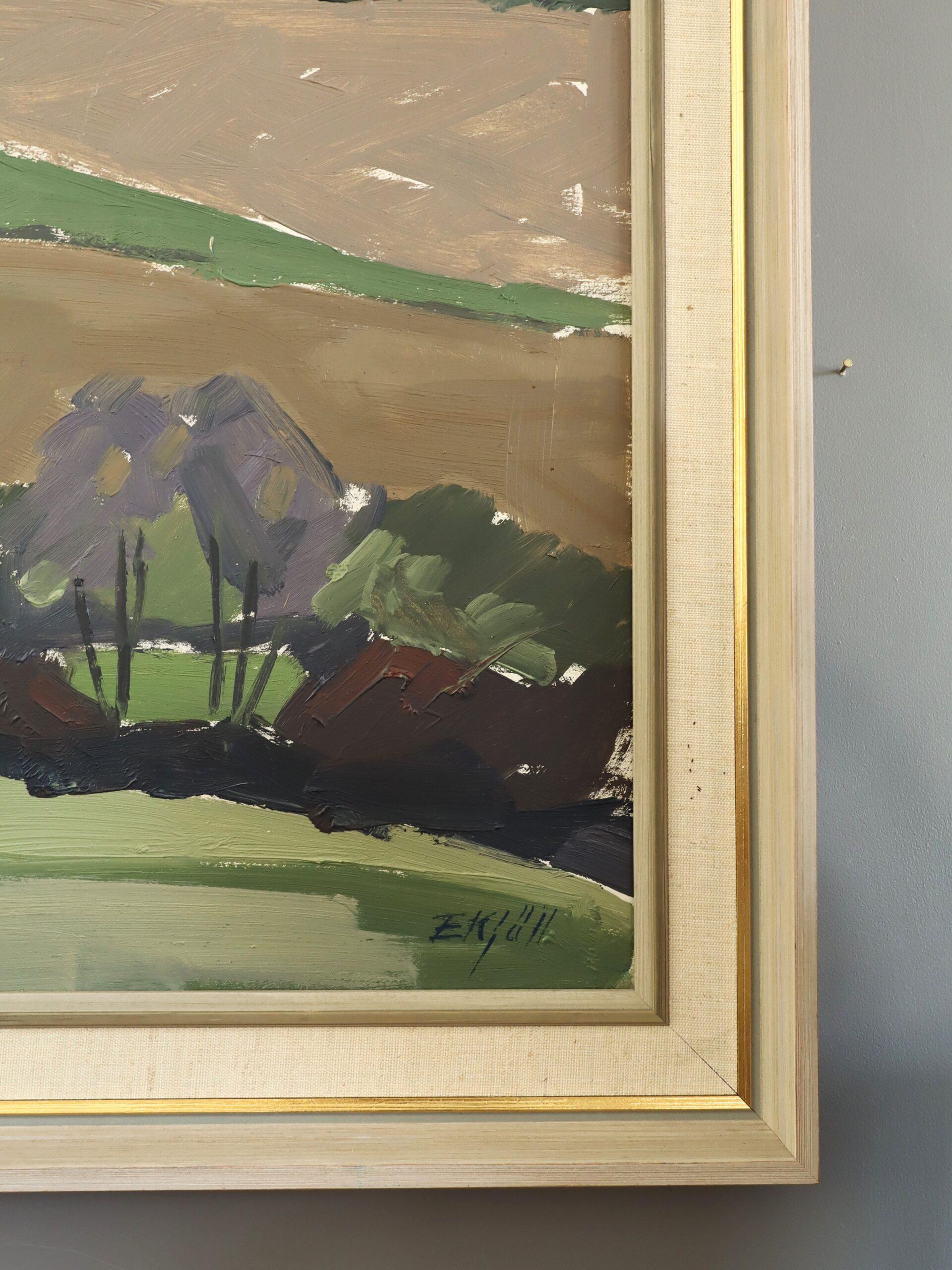 Mid Century Modern Schwedisch Abstrakte Landschaft Ölgemälde - Hillside Farmstead im Angebot 2