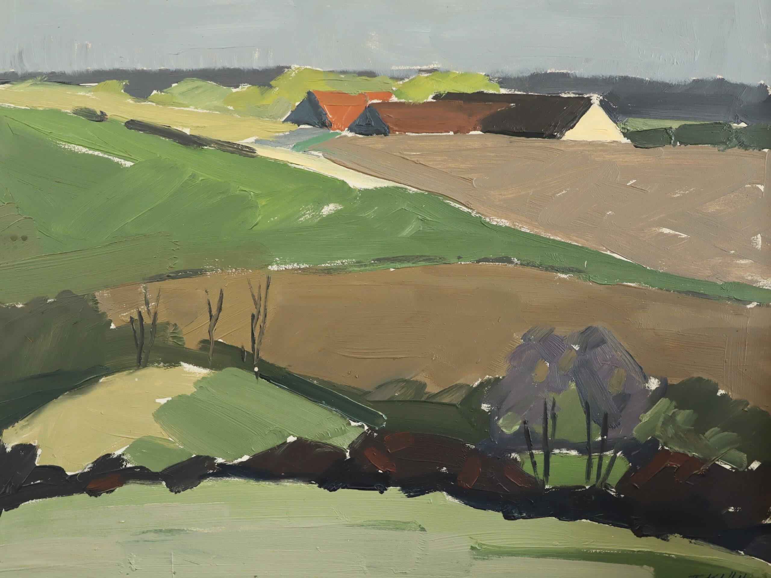 Mid Century Modern Schwedisch Abstrakte Landschaft Ölgemälde - Hillside Farmstead im Angebot 3