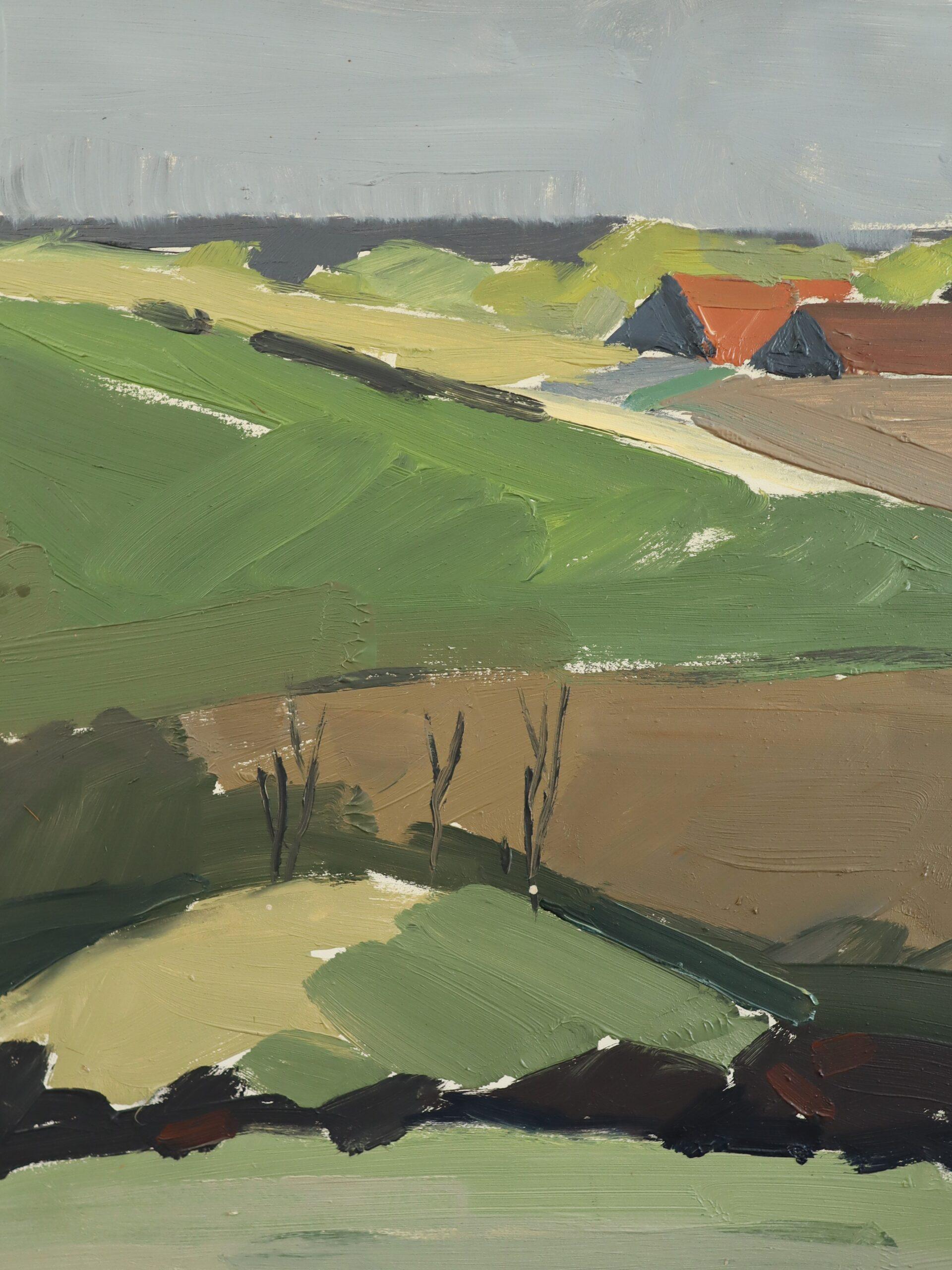 Mid Century Modern Schwedisch Abstrakte Landschaft Ölgemälde - Hillside Farmstead im Angebot 4