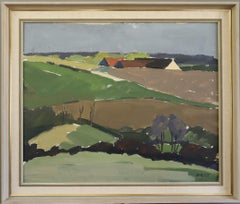 Mid Century Modern Swedish Abstract Landscape Oil Painting - Hillside Farmstead