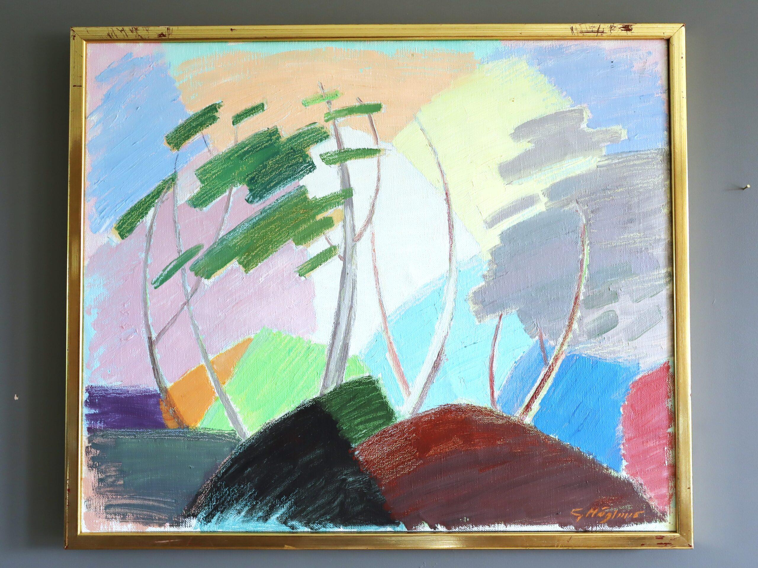 Pittura ad olio di paesaggio astratto svedese della metà del secolo scorso - Ritmi del vento - Painting di Unknown
