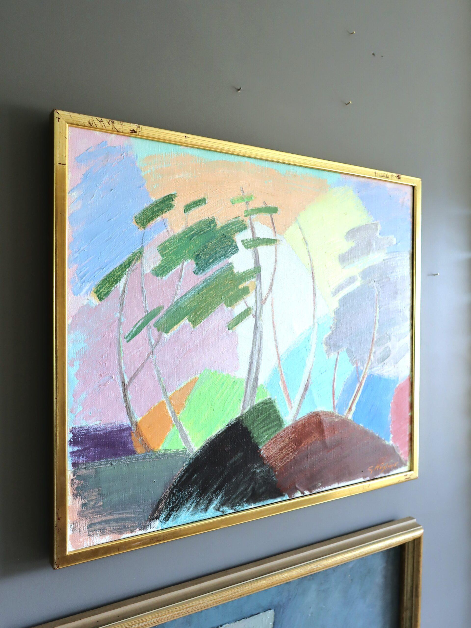 Pittura ad olio di paesaggio astratto svedese della metà del secolo scorso - Ritmi del vento - Landscape Painting Grigio di Unknown
