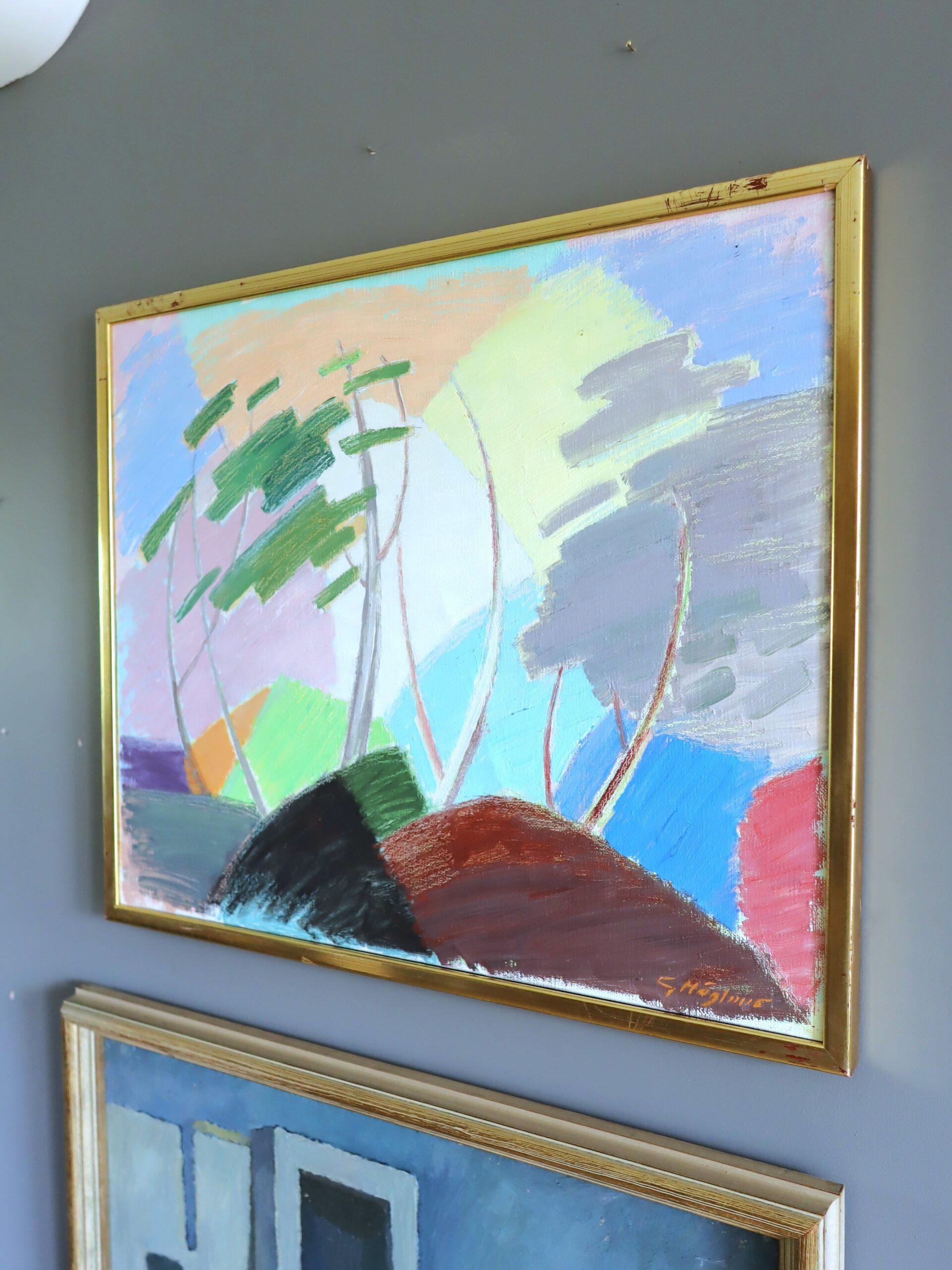 I RITMI DEL VENTO
Dimensioni: 48 x 57,5 cm (cornice inclusa)
Olio su tela

Un vibrante dipinto astratto modernista di metà secolo che cattura l'essenza di un paesaggio dinamico attraverso un colore espressivo e una forma audace e gestuale,